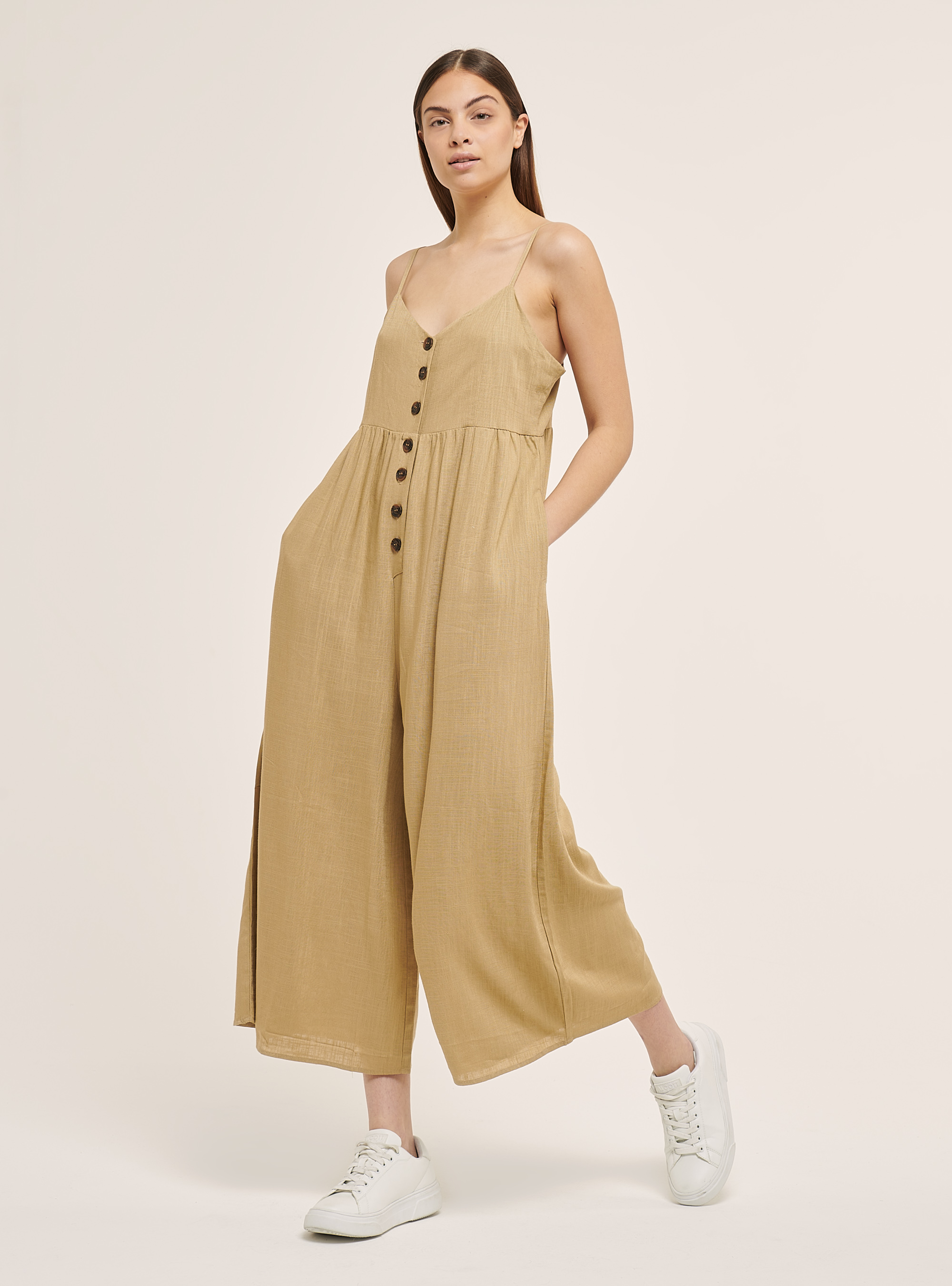 Plain-coloured linen-blend jumpsuit, BEIGE