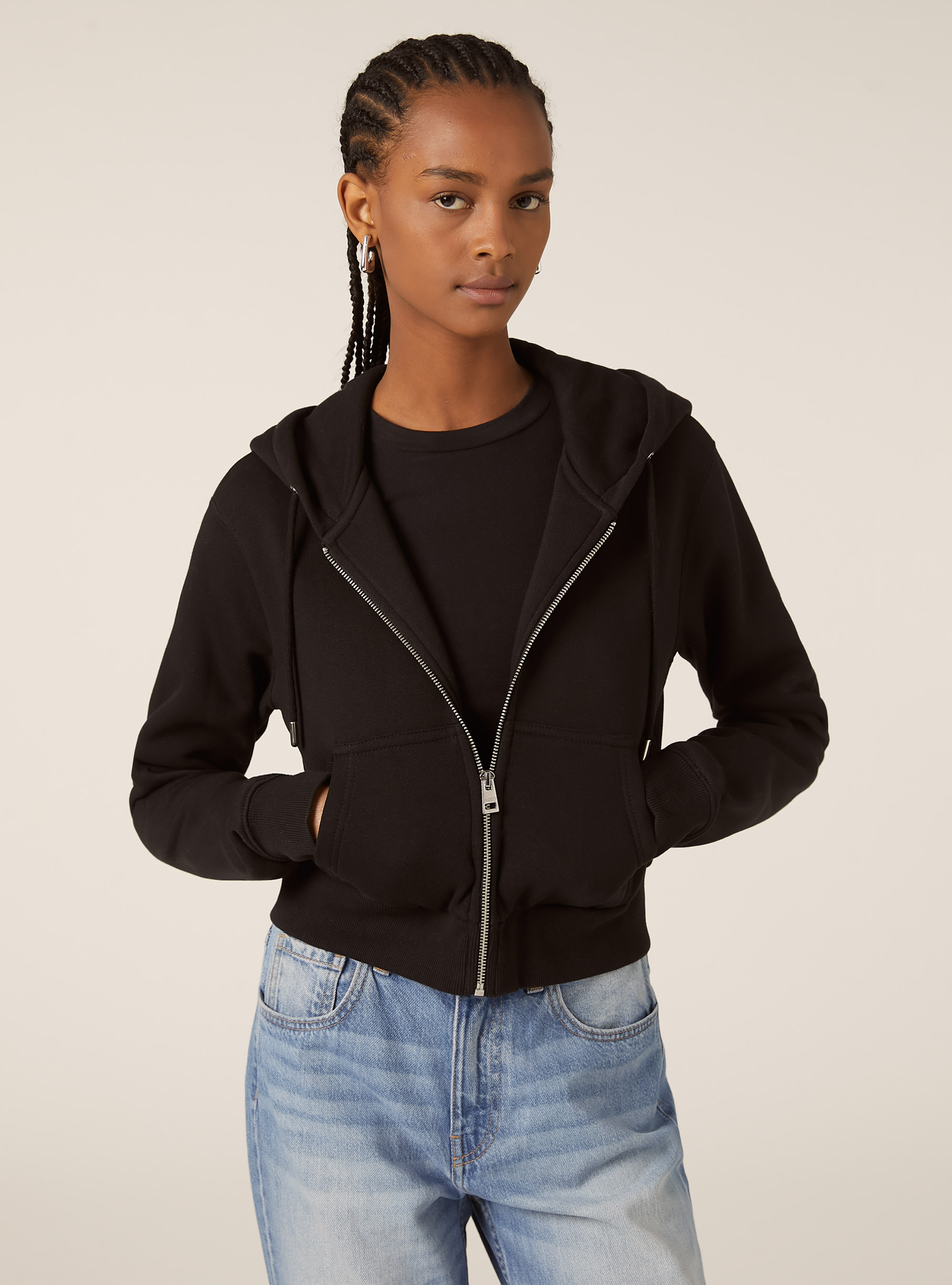 Sweat à capuche zippé court, BK1 BLACK