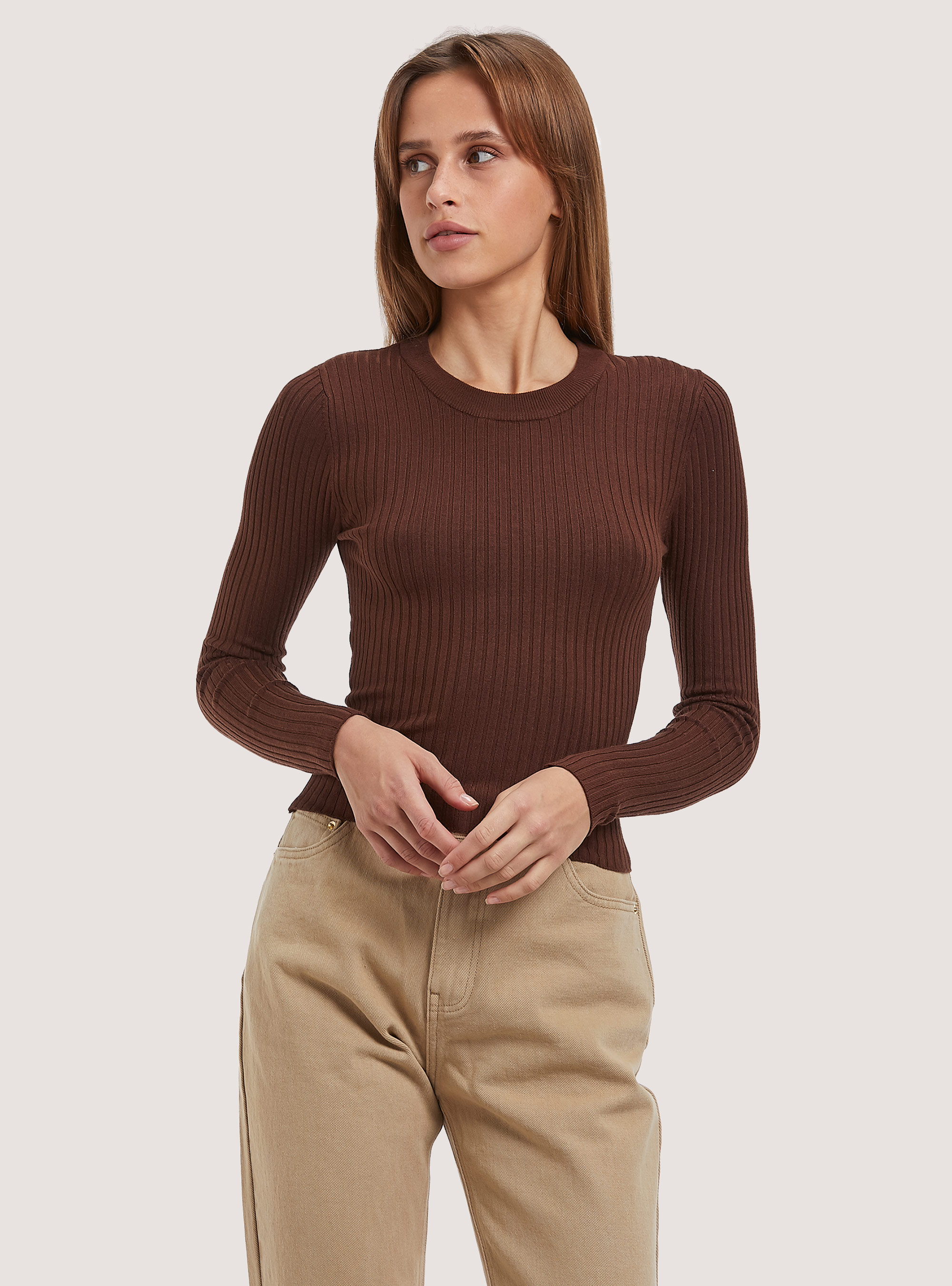 Soft cropped ribbed stretch pullover, BR2 BROWN MEDIUM