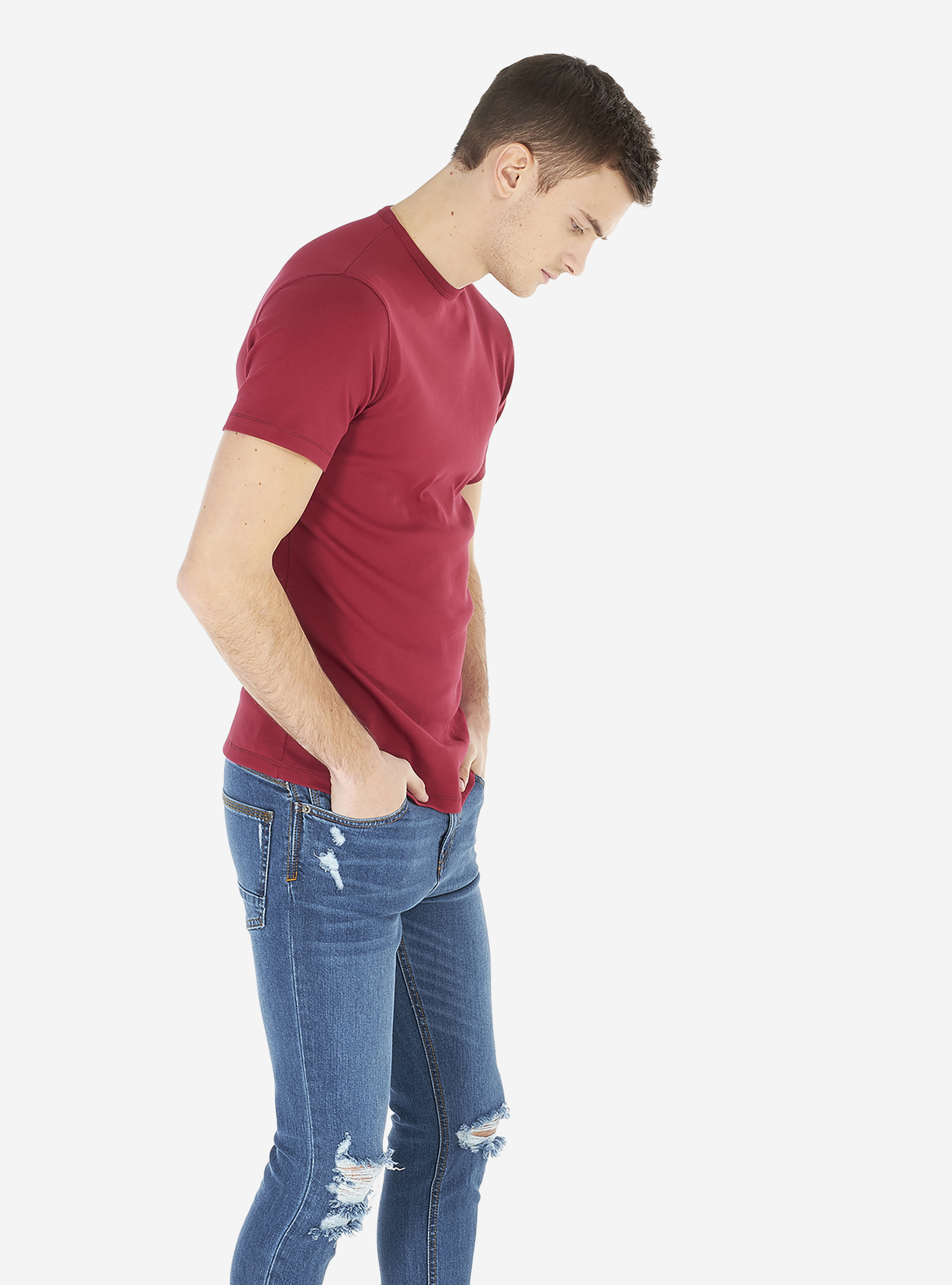 Elastic cotton comfort-stretch round neck t-shirt., BORDEAUX