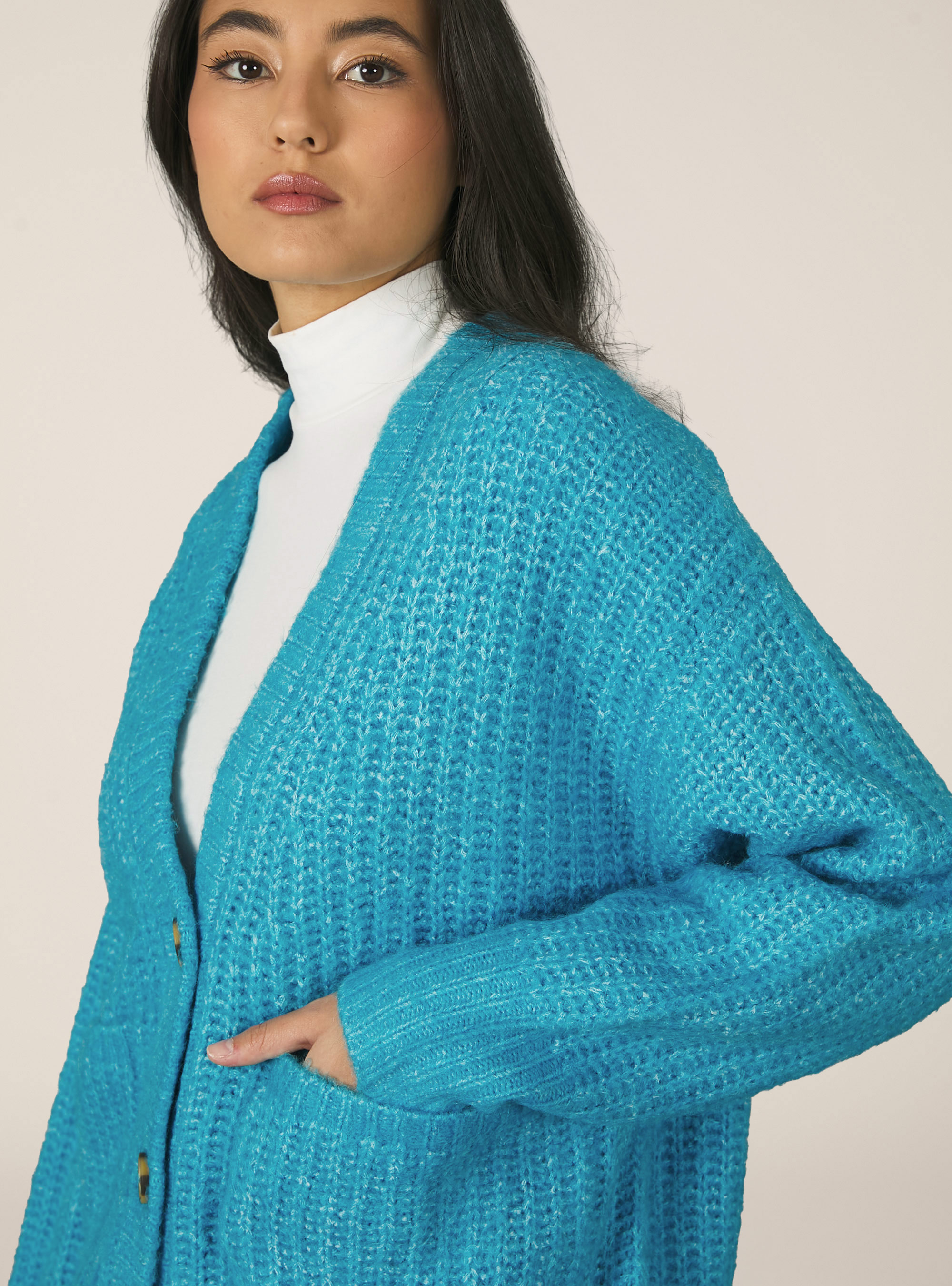 Ribbed cardigan pullover, MAZ2 AZURE MEL MEDIUM