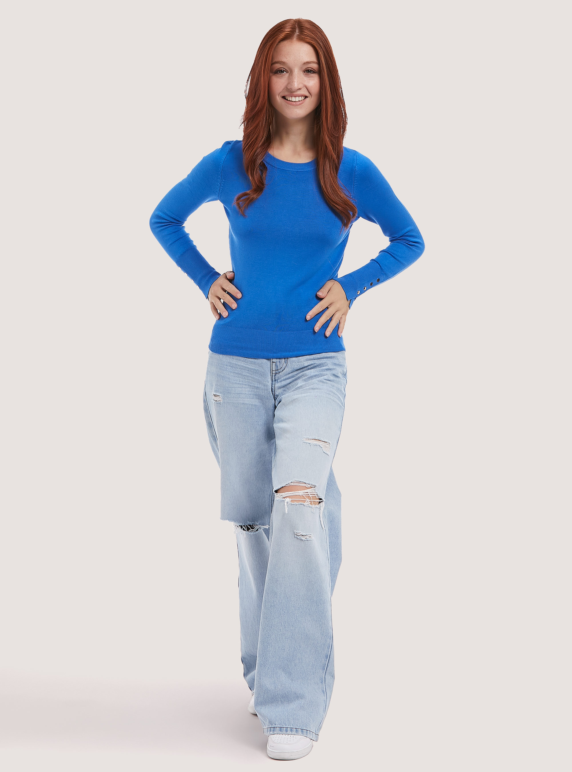 Round-neck pullover with buttons on sleeve, RY3 ROYALE LIGHT