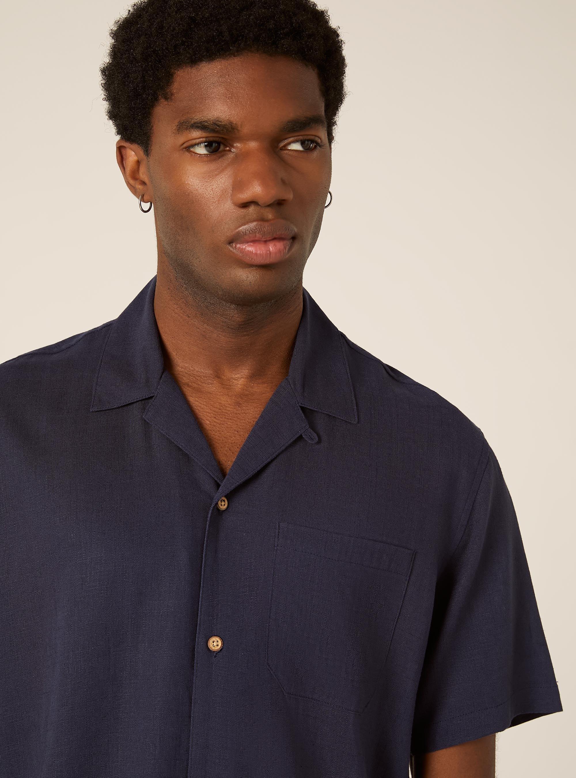 Chemise en m&eacute;lange de lin avec col bowling, BL2 BLUE MEDIUM
