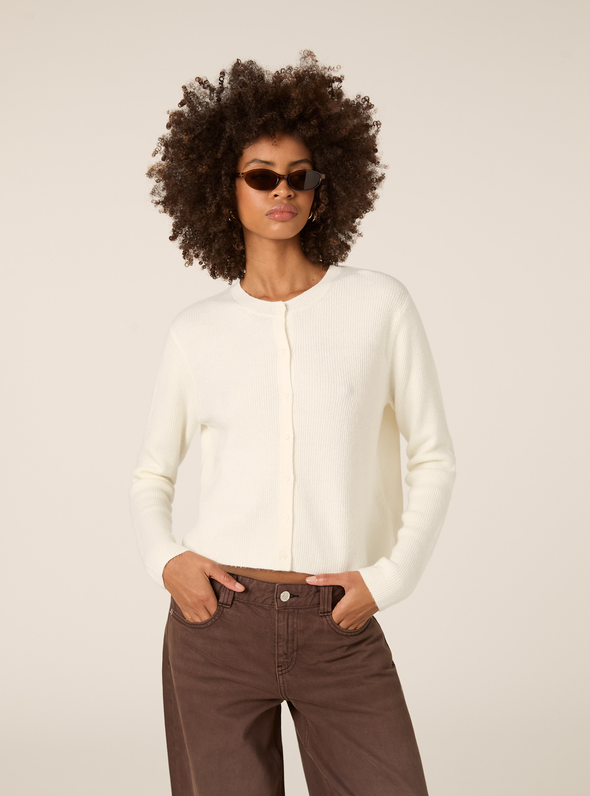 Cárdigan de punto acanalado con botones, WH2 WHITE