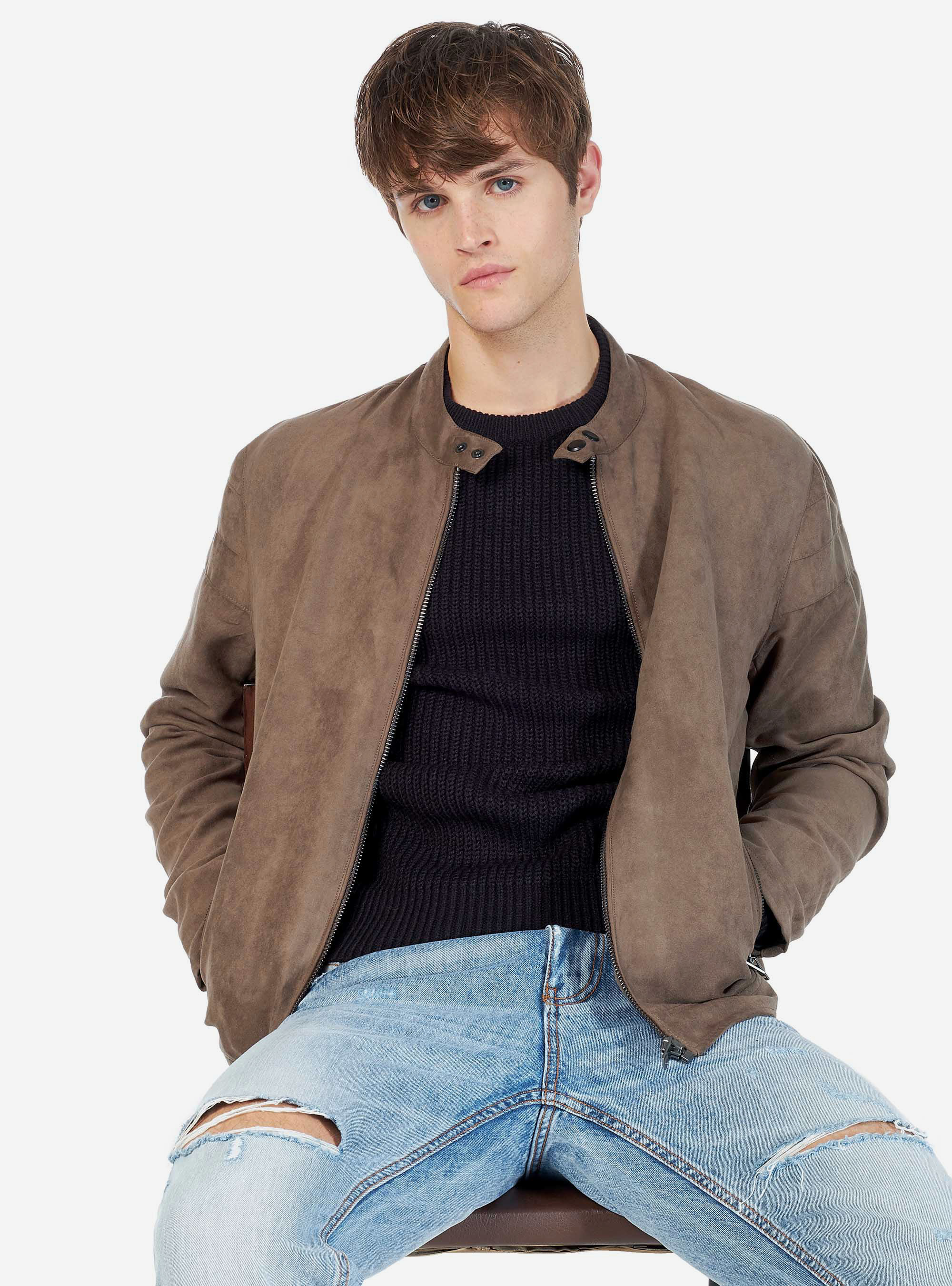 SUEDE BIKER JACKET WITH ZIP ON SLEEVES, SAND