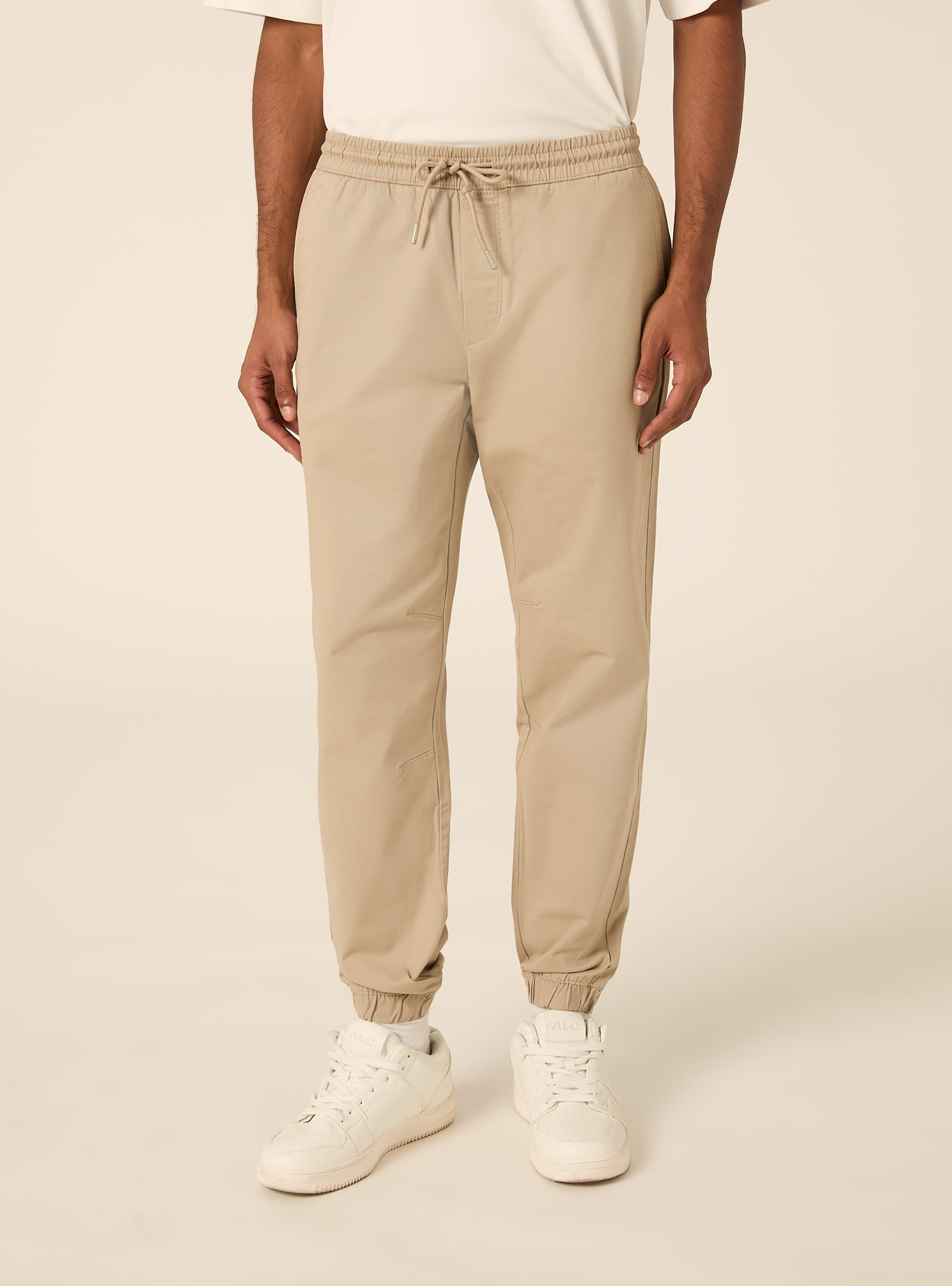 Pantaloni twill stretch elastico e stringa in vita, BG2 BEIGE MEDIUM