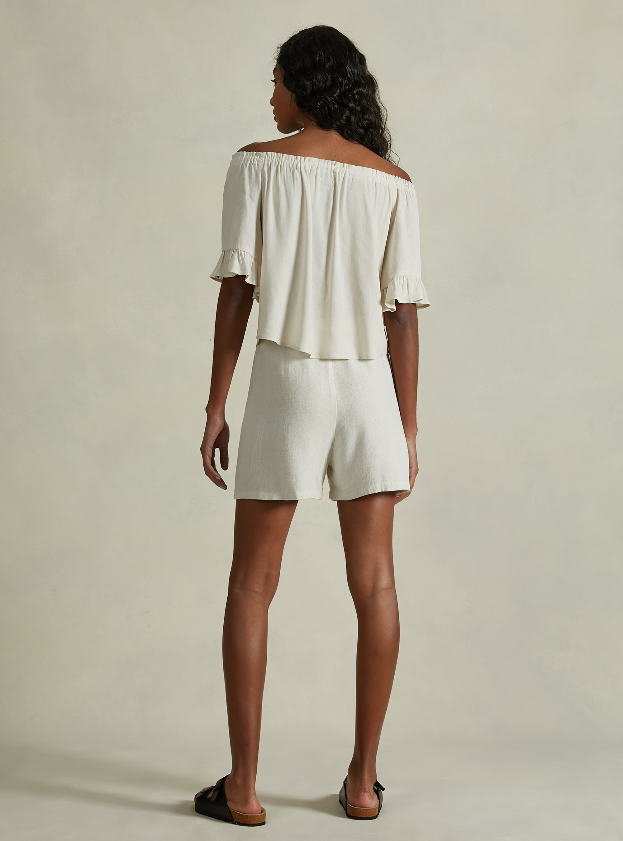 Linen blend blouse with bardot neckline, BG3 BEIGE LIGHT