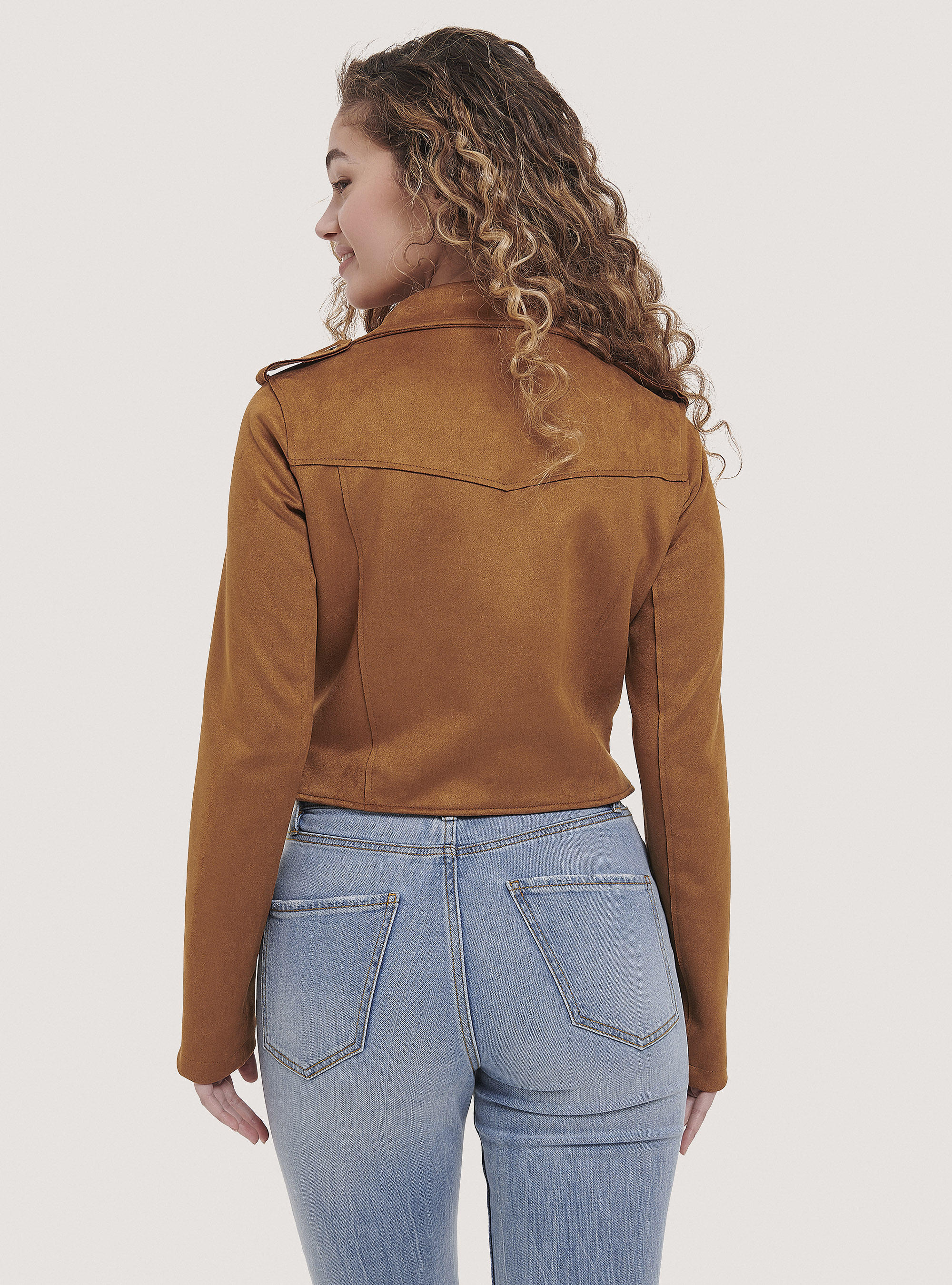 Suede effect biker jacket, C5583 TOBACCO