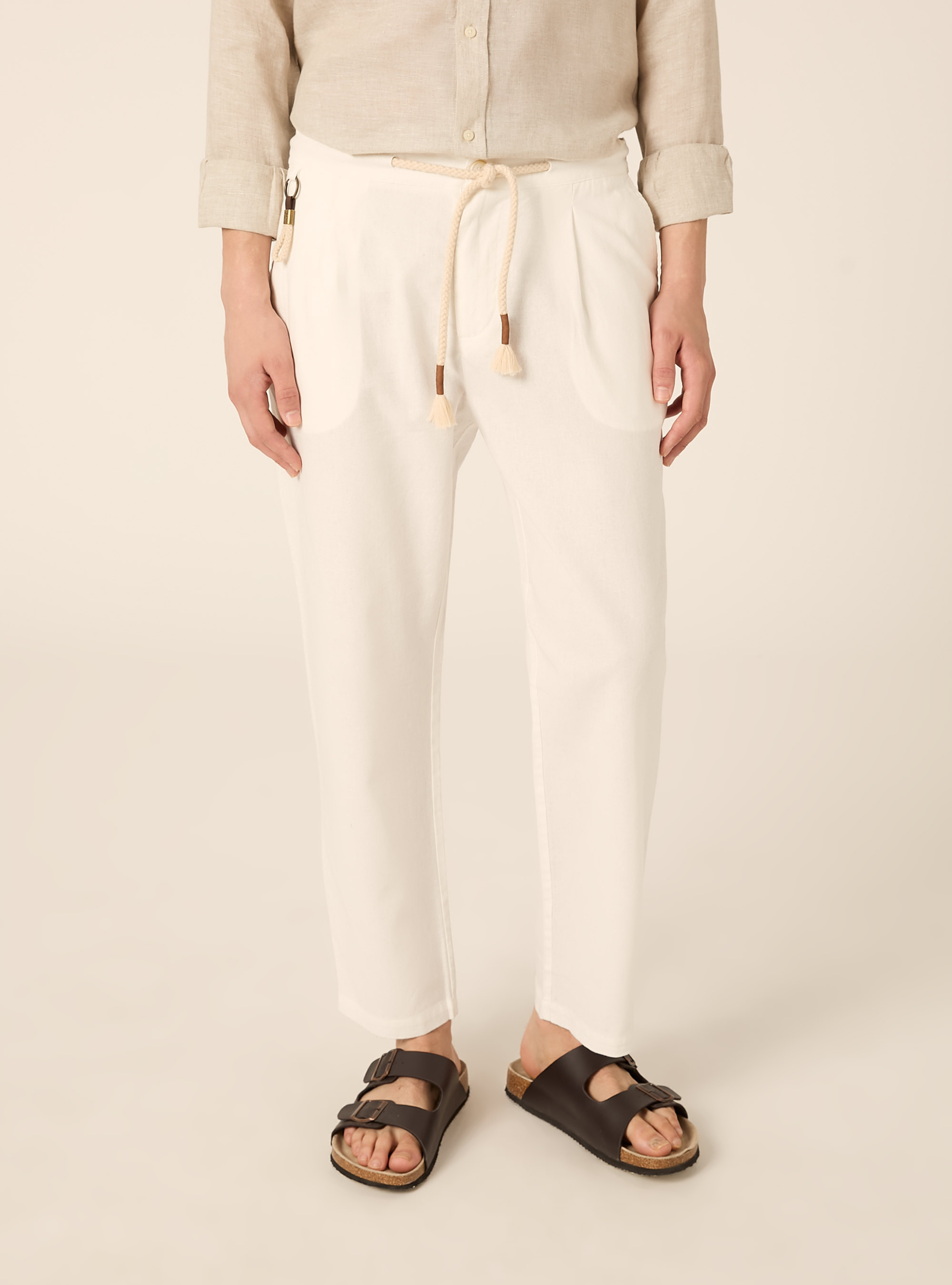 Pantaloni misto lino con coulisse, WH1 OFF WHITE