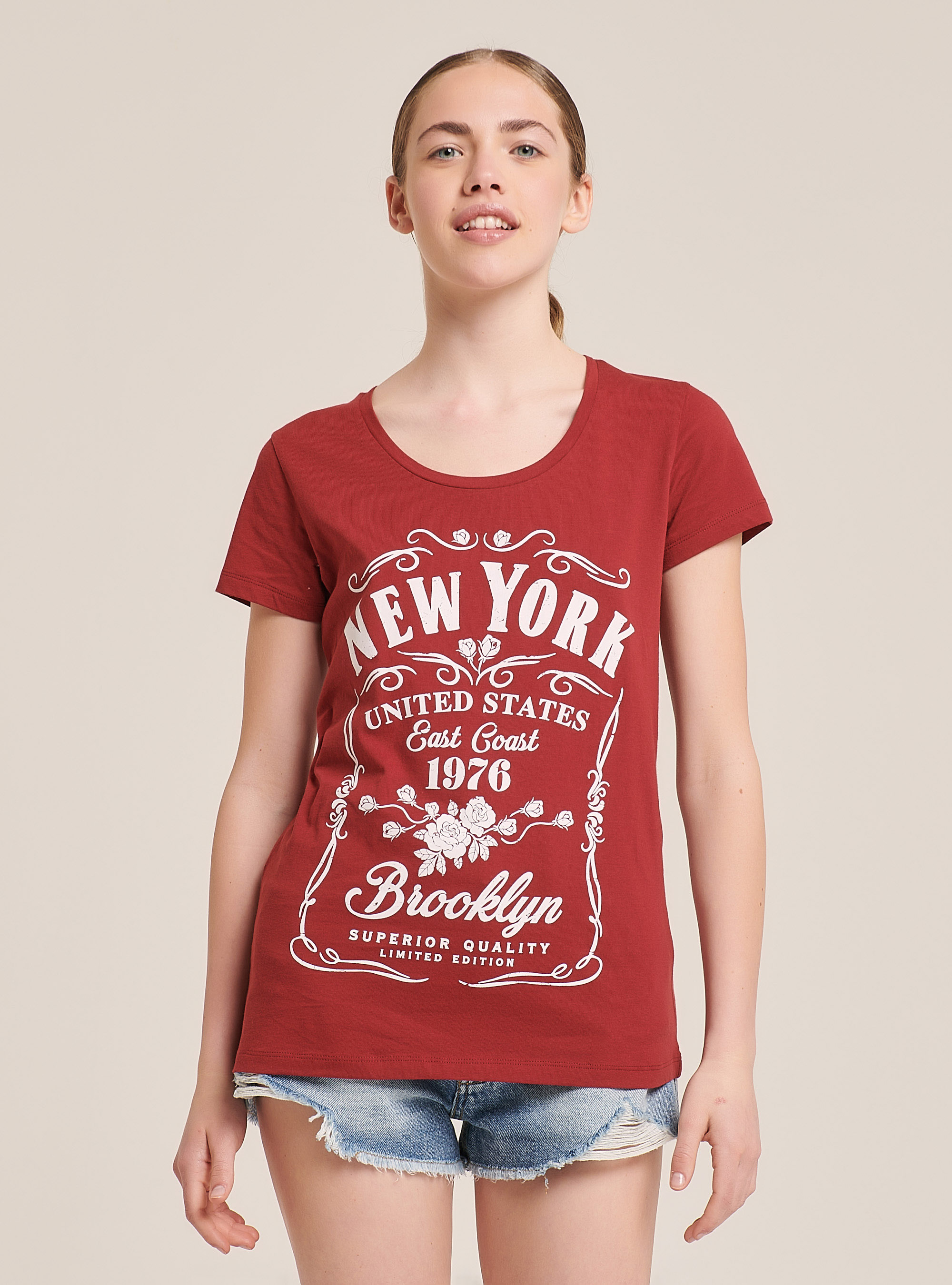 T-shirt à col rond large avec imprimé, C300 BORDEAUX