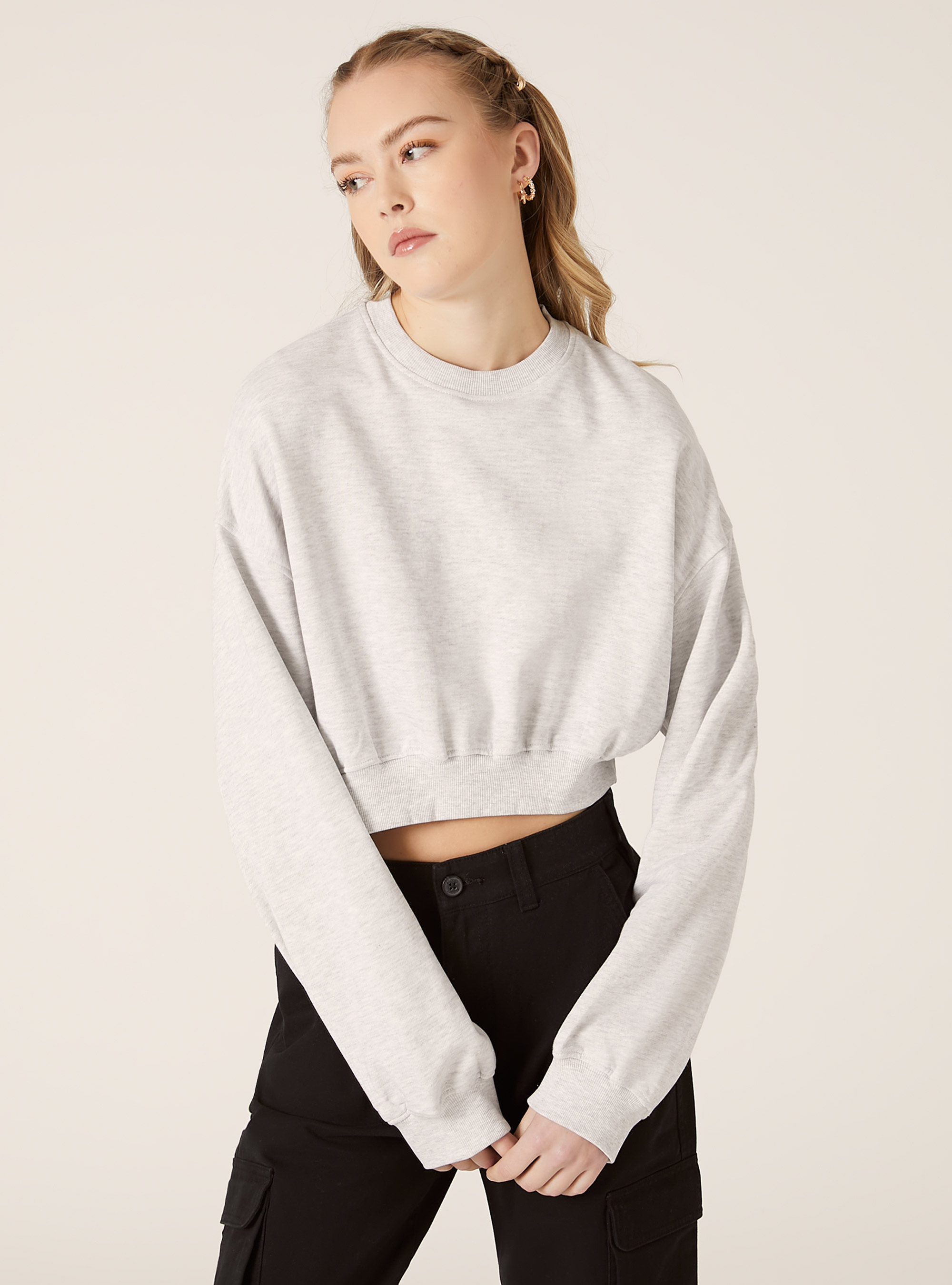 Felpa girocollo cropped, MGY3 GREY MEL LIGHT