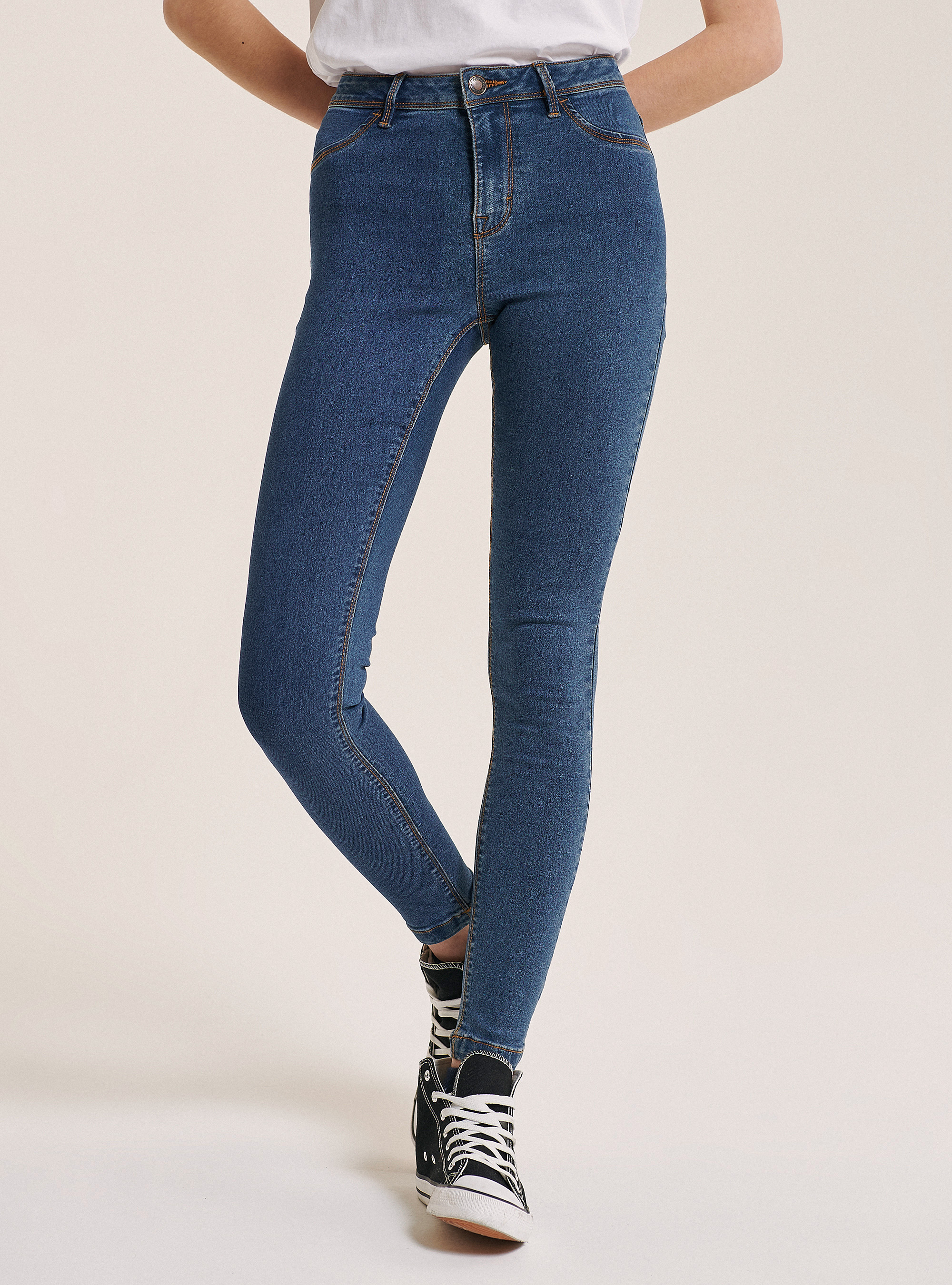 Jeans super skinny a vita alta comfort fit, AZZURRO