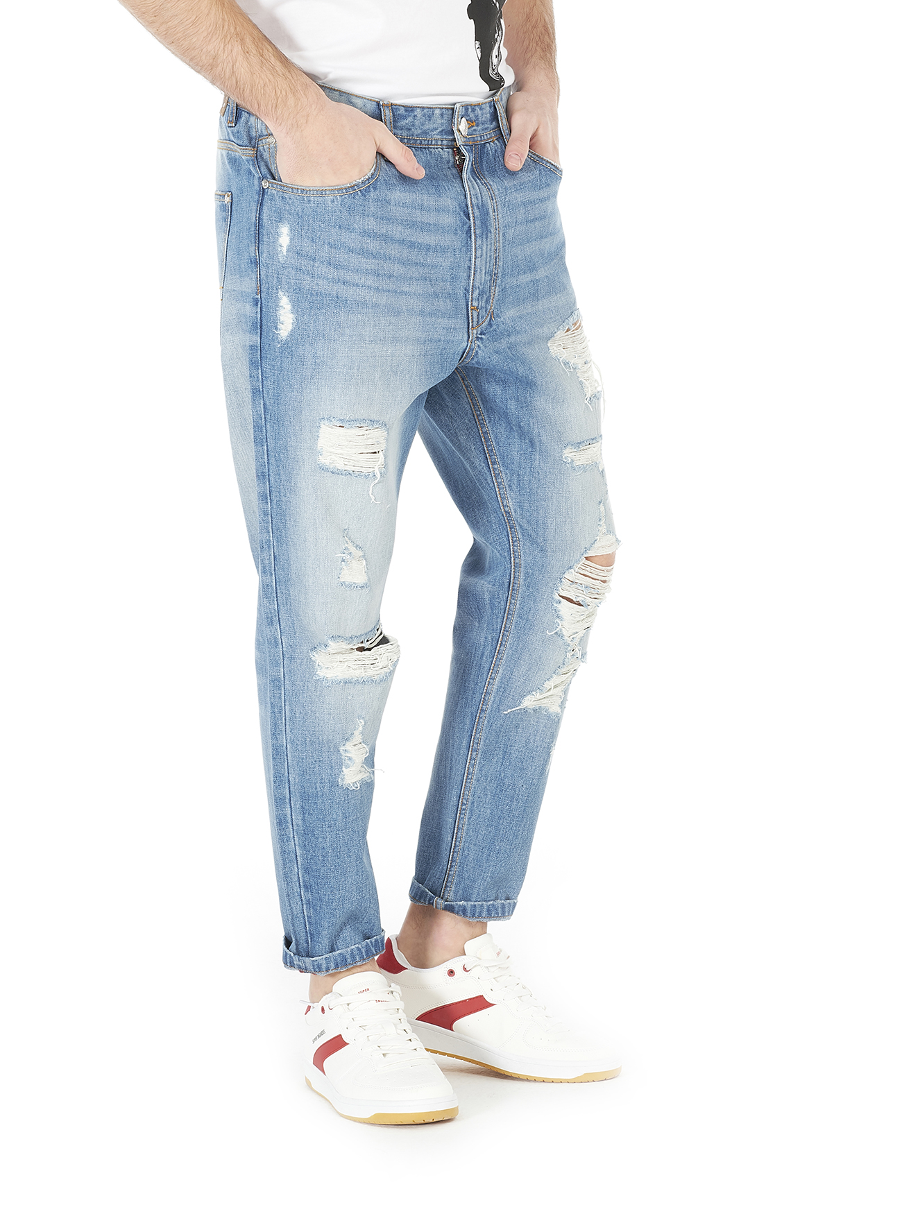 Denim carrot fit con rotture, BLUE