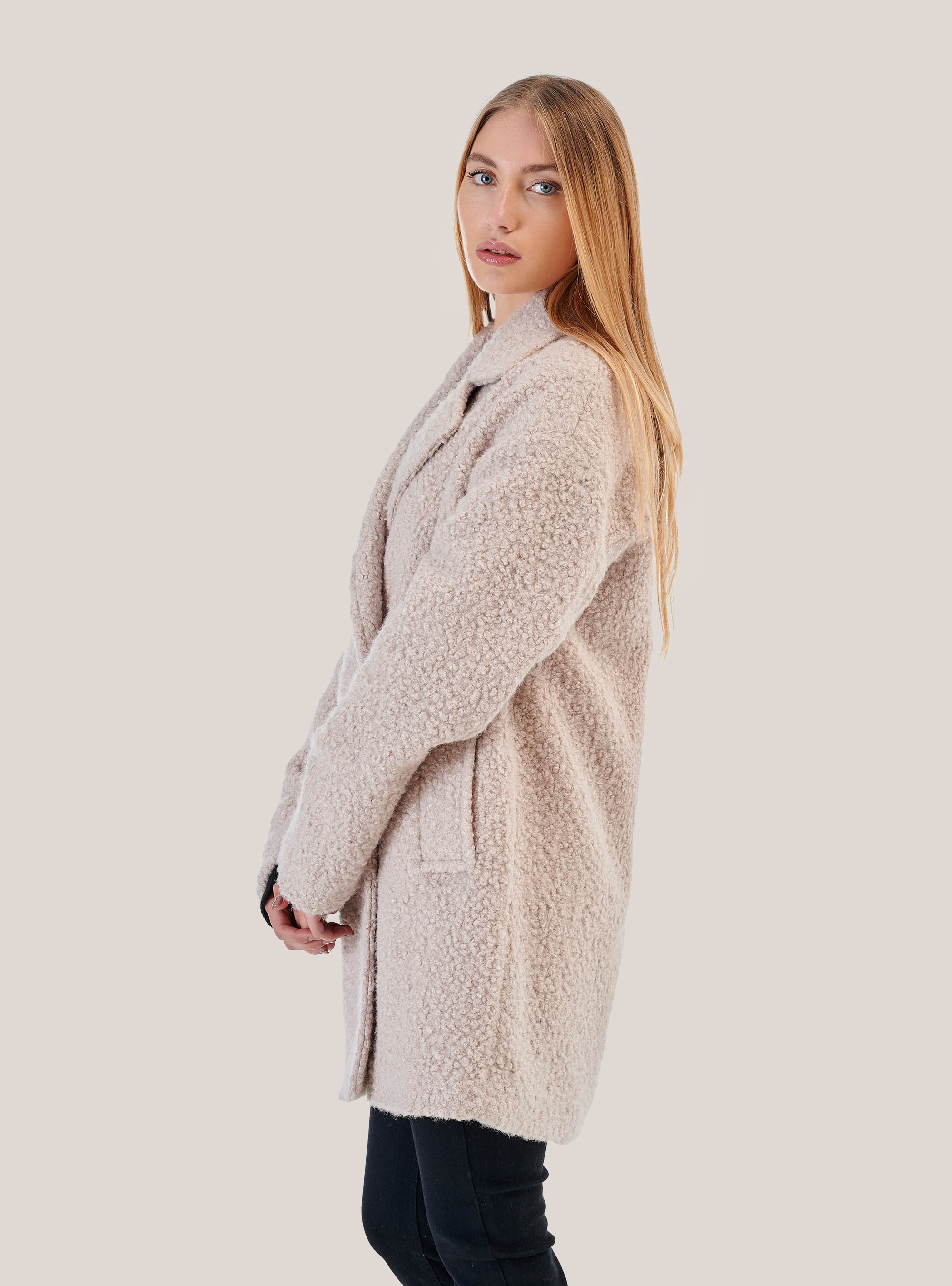 Cappotto doppiopetto effetto montone, BIANCO