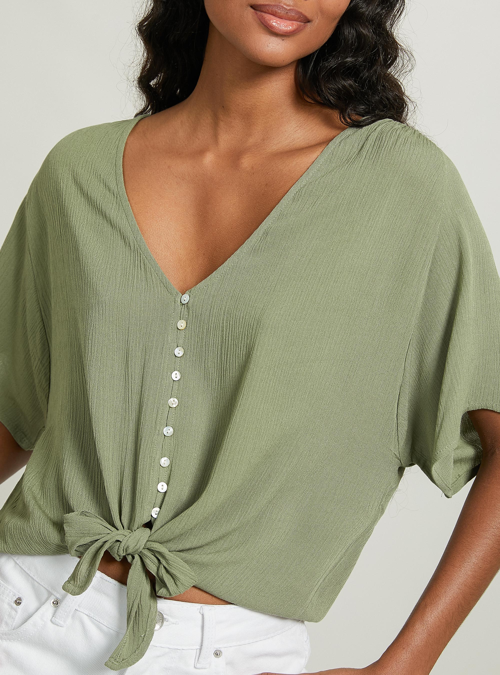 Camicia scollo a v tinta unita e nodo in vita, KY2 KAKY MEDIUM