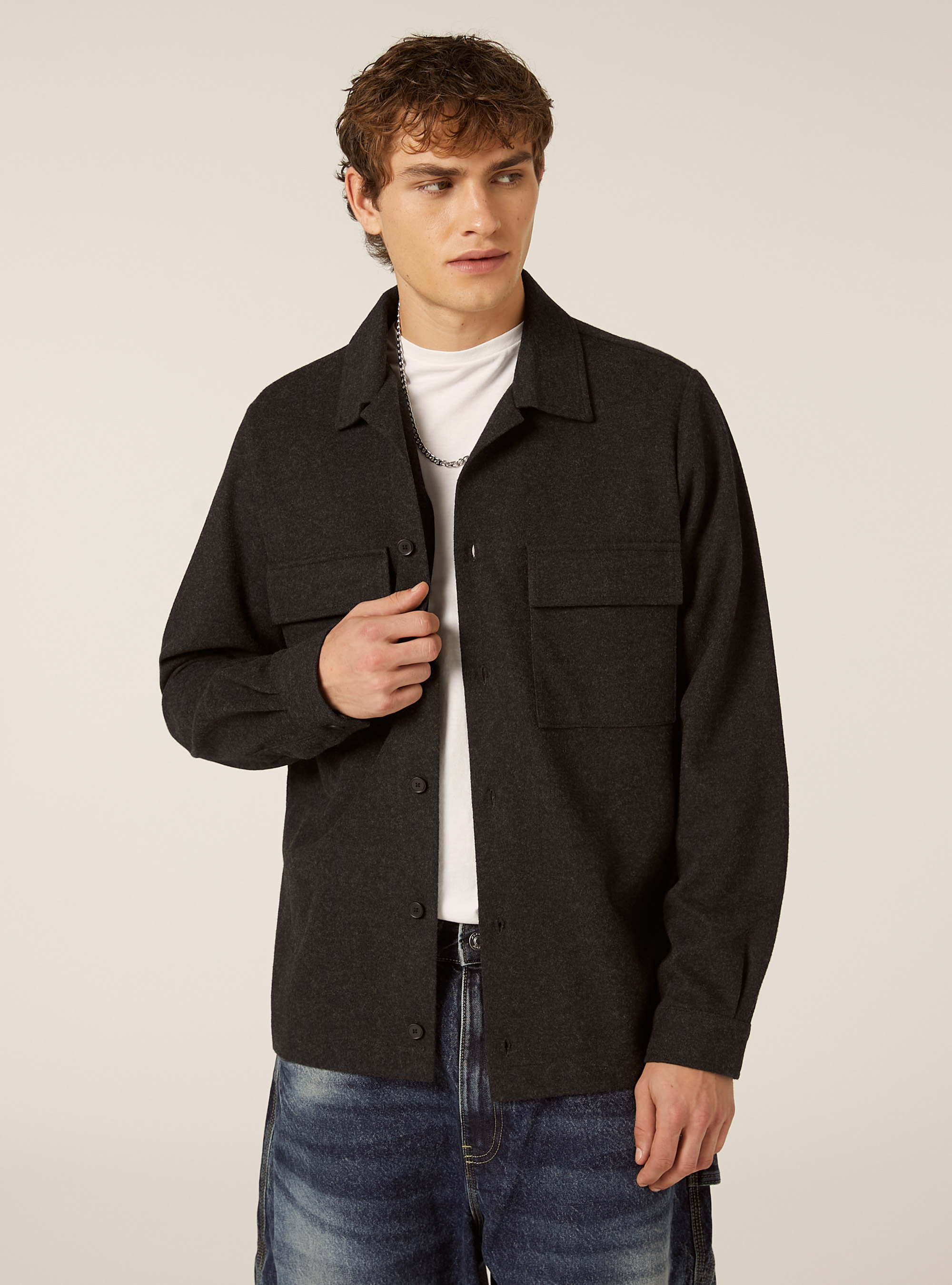 Hemd mit großen Taschen im Flanell-Look, MGY1 GREY MEL DARK