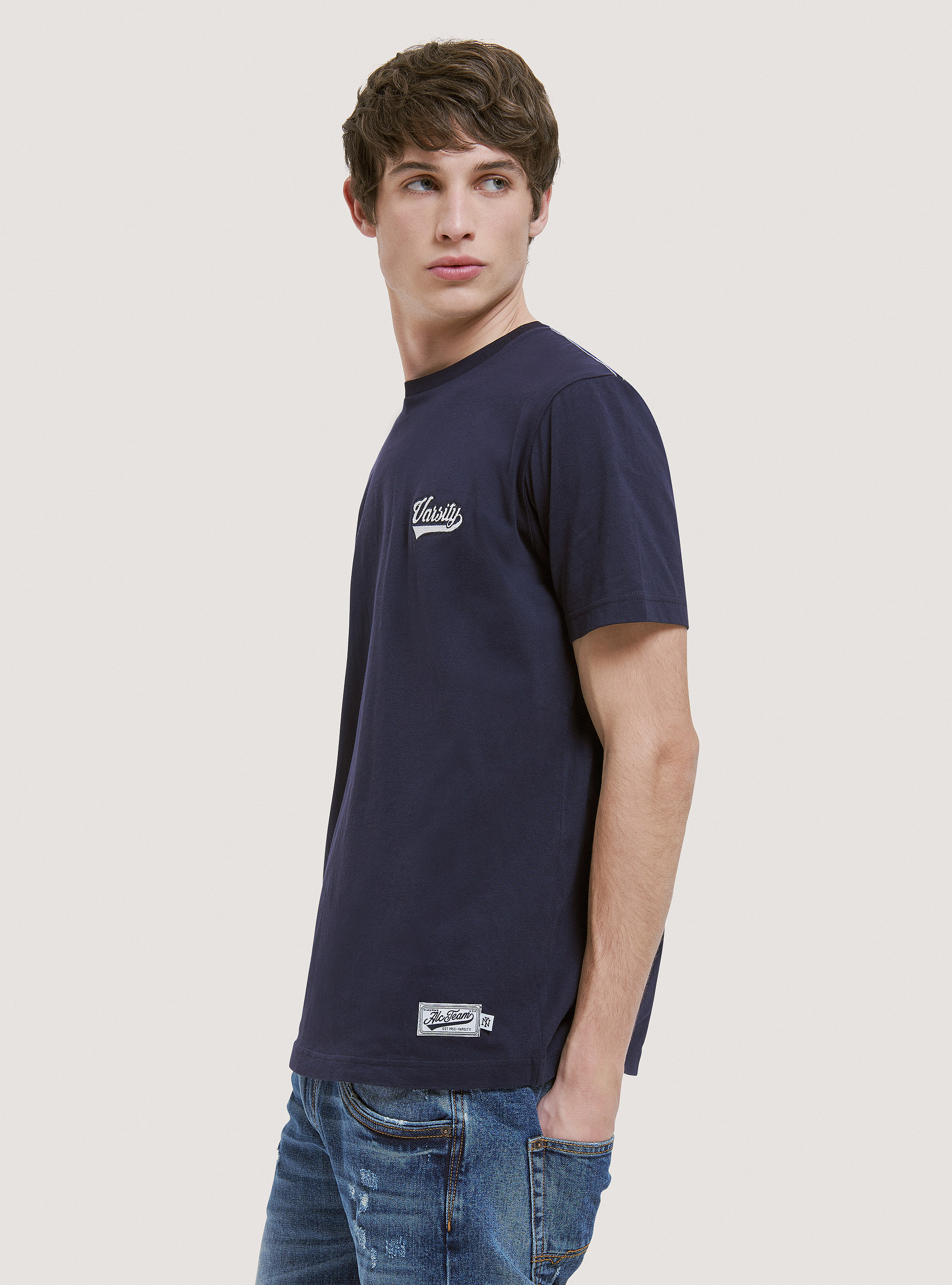 Cotton T-shirt with Varsity patch, C2306 BLU