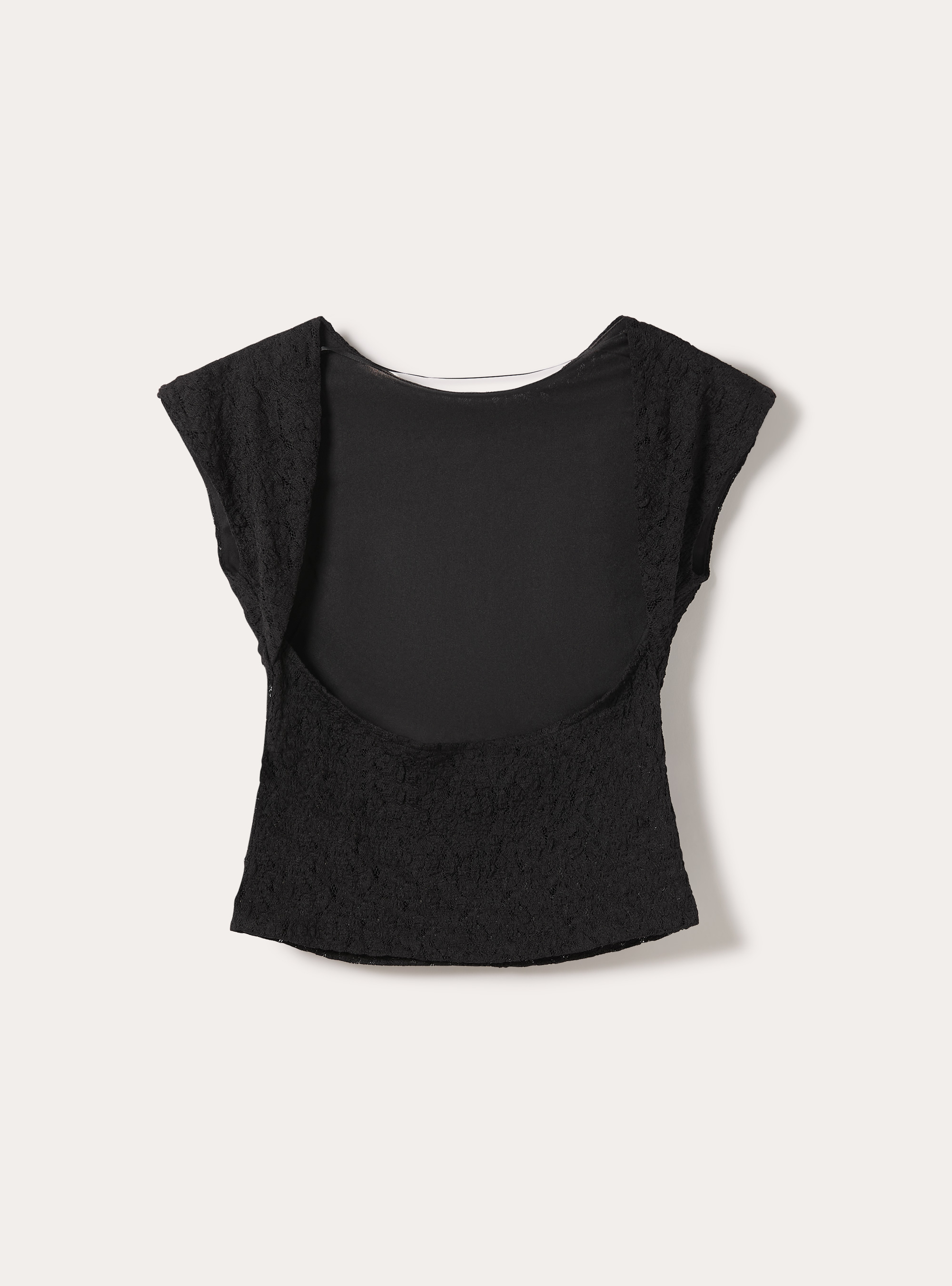 Maglietta in pizzo con schiena scoperta, BK1 BLACK