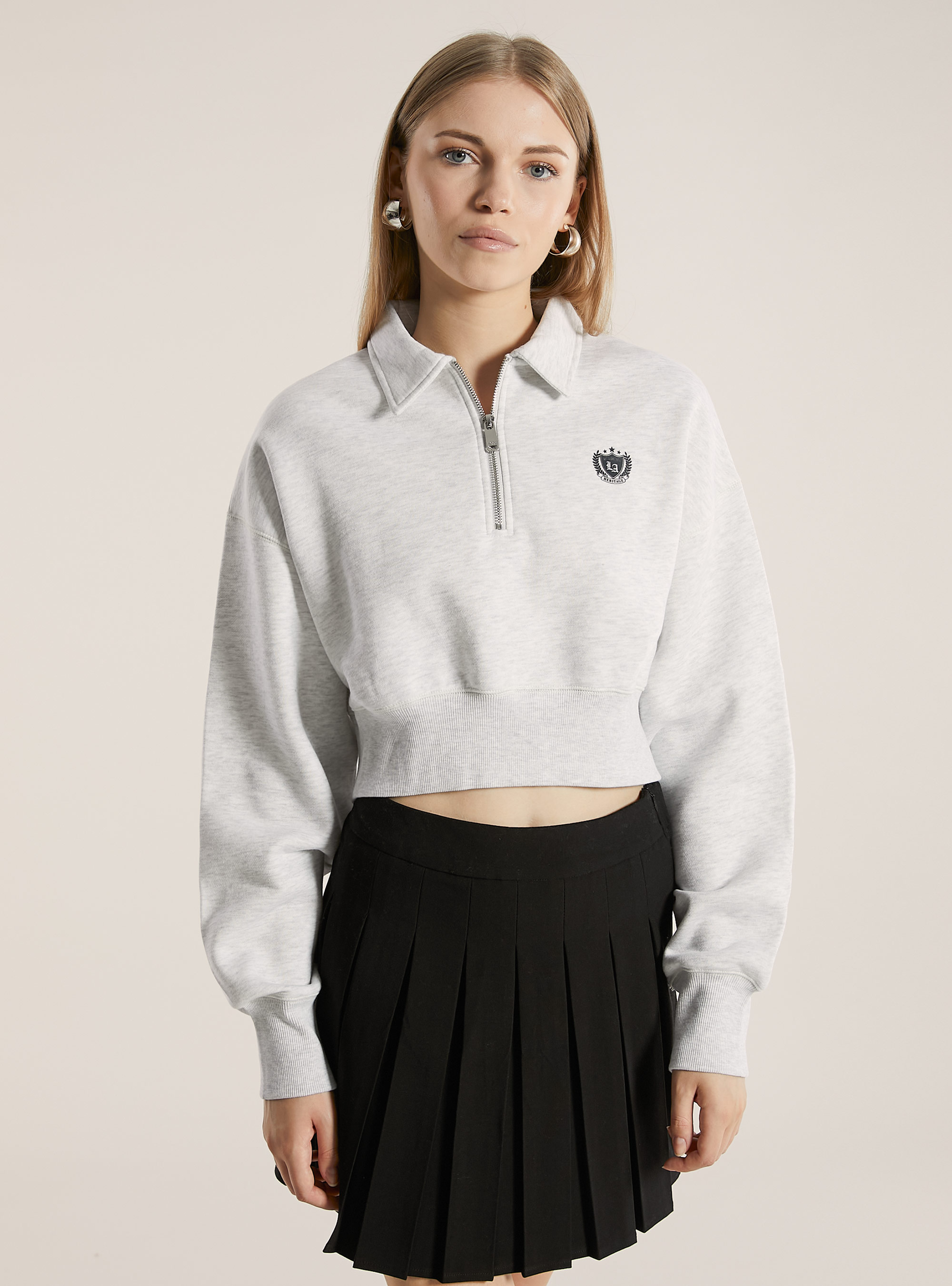 Felpa cropped con collo polo e zip, MGY3 GREY MEL LIGHT