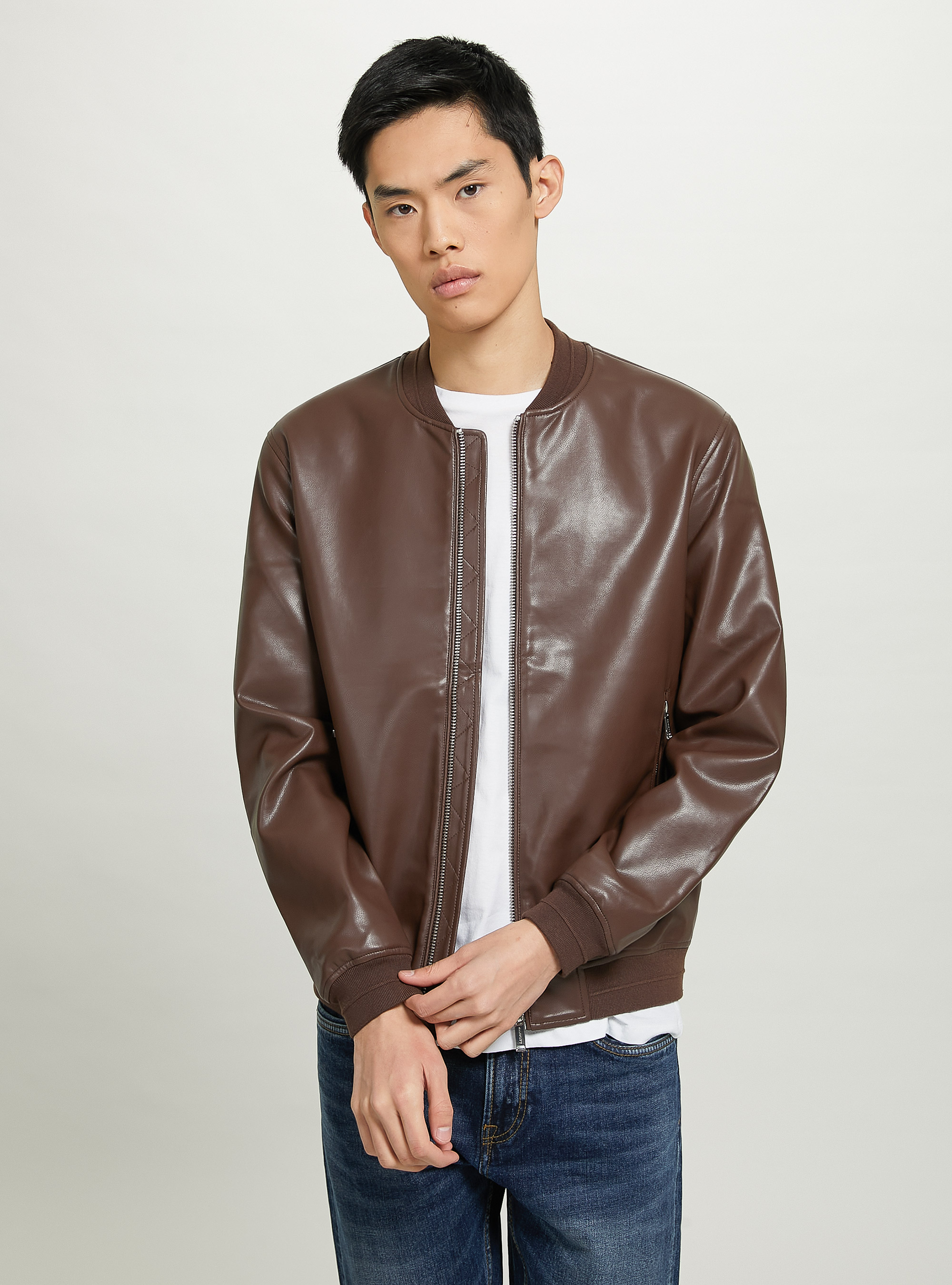Leather-effect bomber jackeT, BR1 BROWN DARK