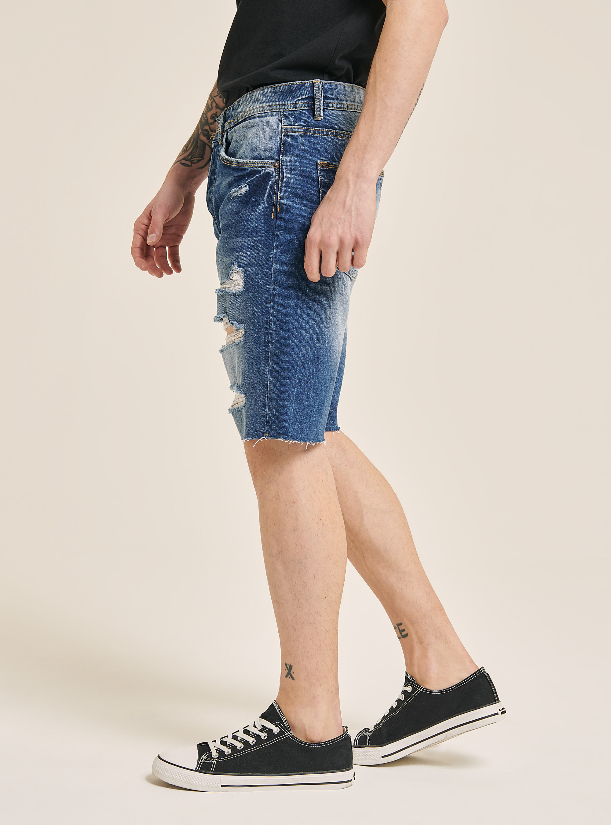 Denim bermuda shorts with rips, BLUE NAVY