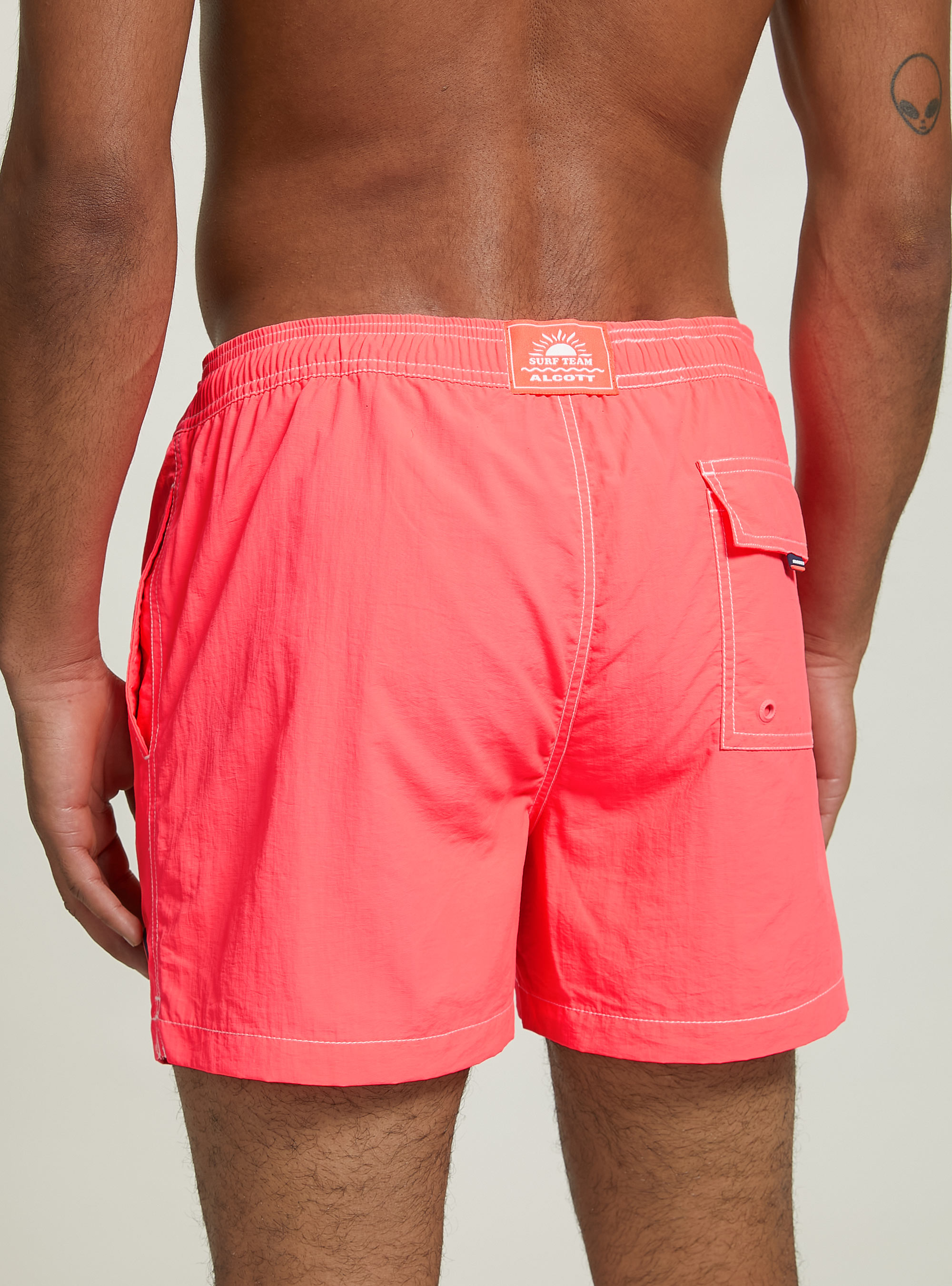 Plain-coloured swimming costume with embroidery and back pocket, FCL2 CORAL MEDIUM FLUO