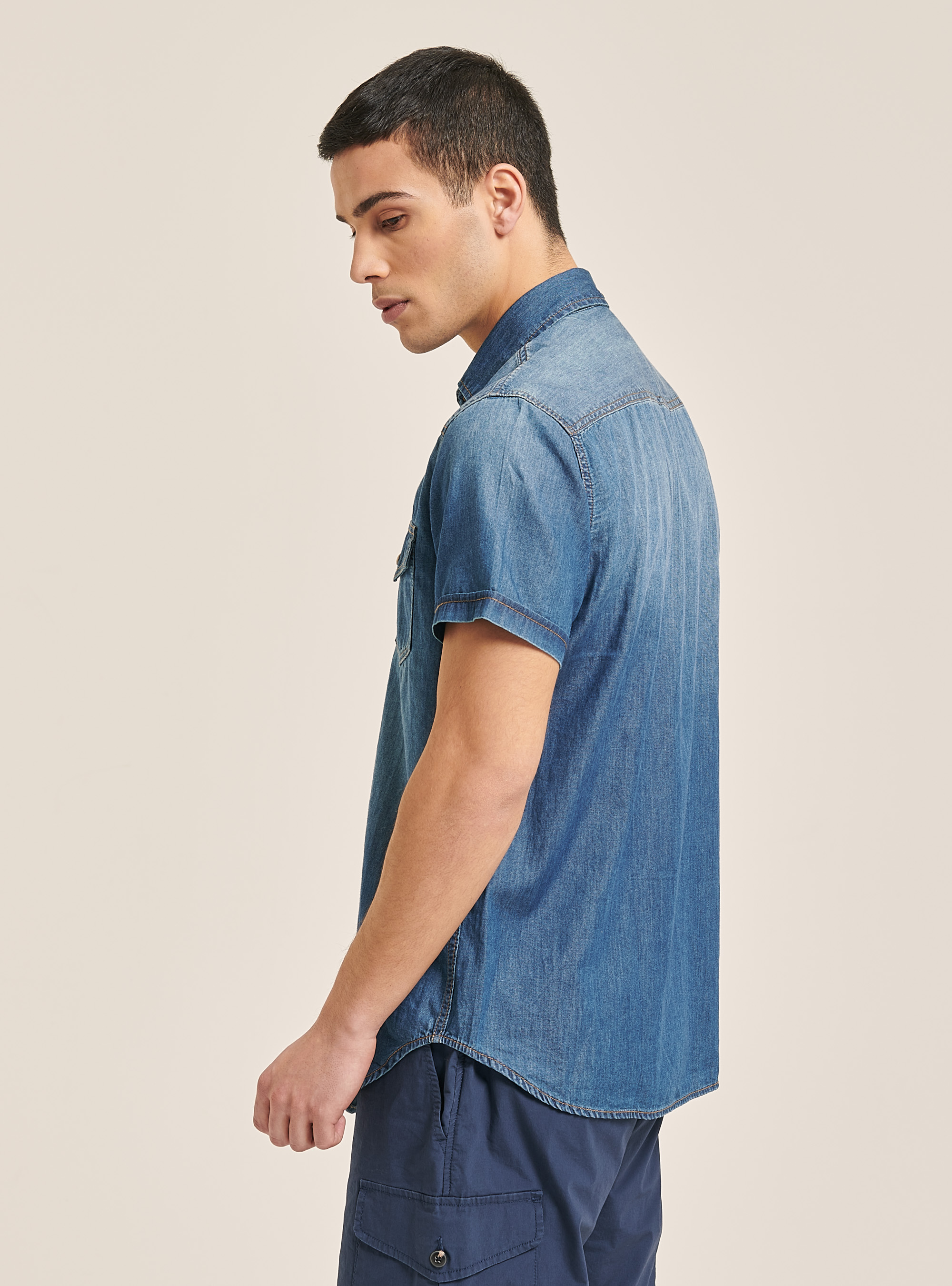 Light denim shirt short sleeves, BLUE