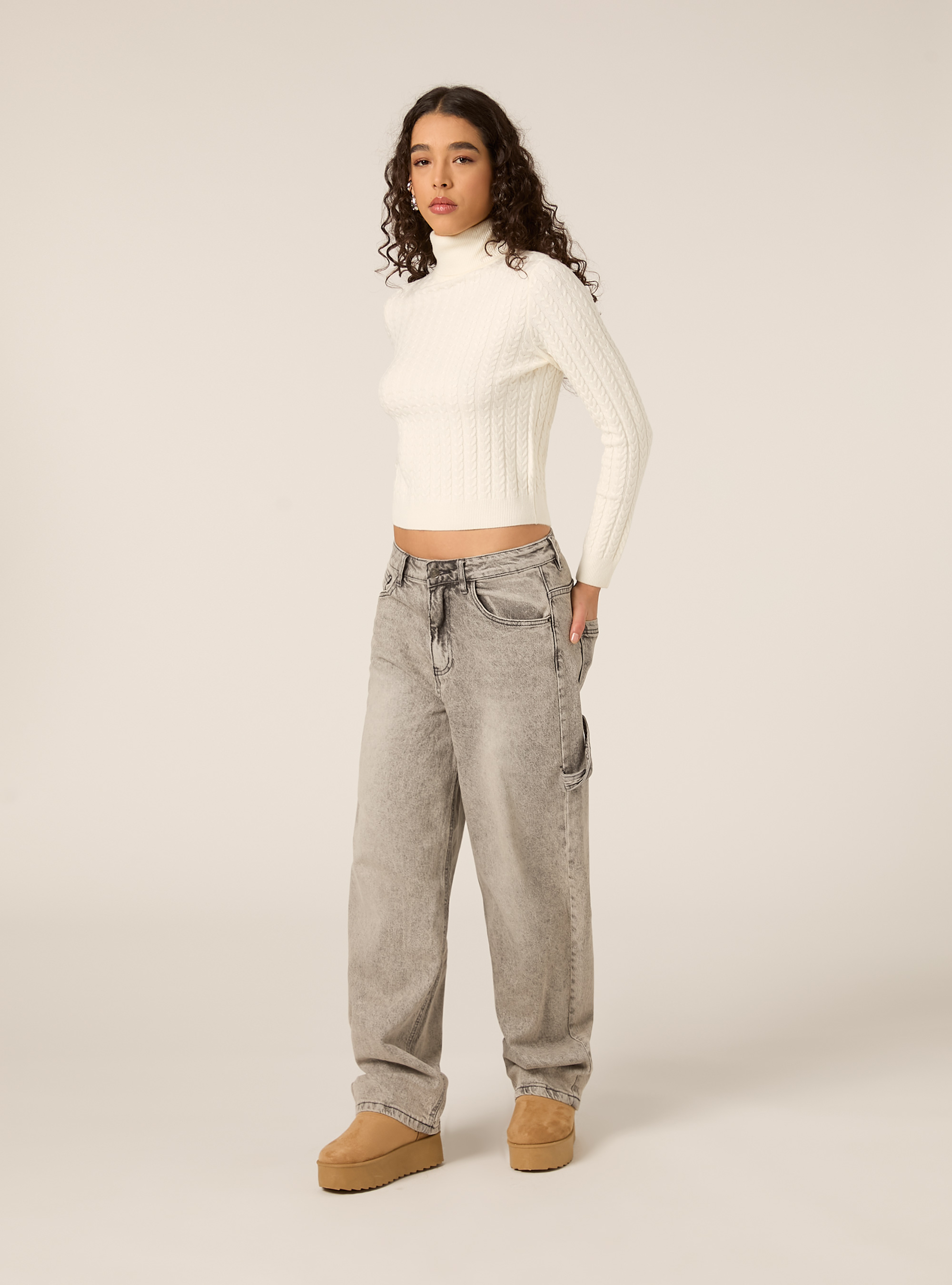 Maglia collo alto a trecce, WH2 WHITE