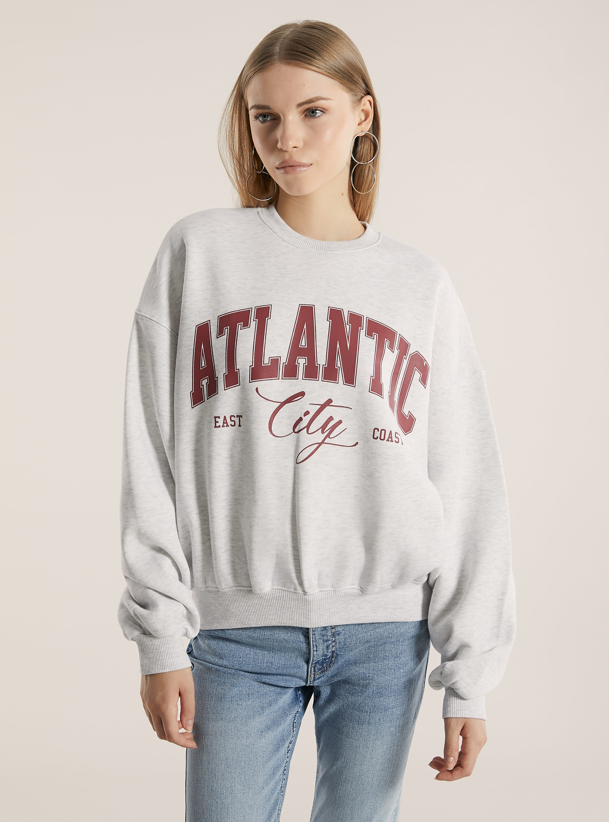 Felpa oversize con stampa, MGY3 GREY MEL LIGHT