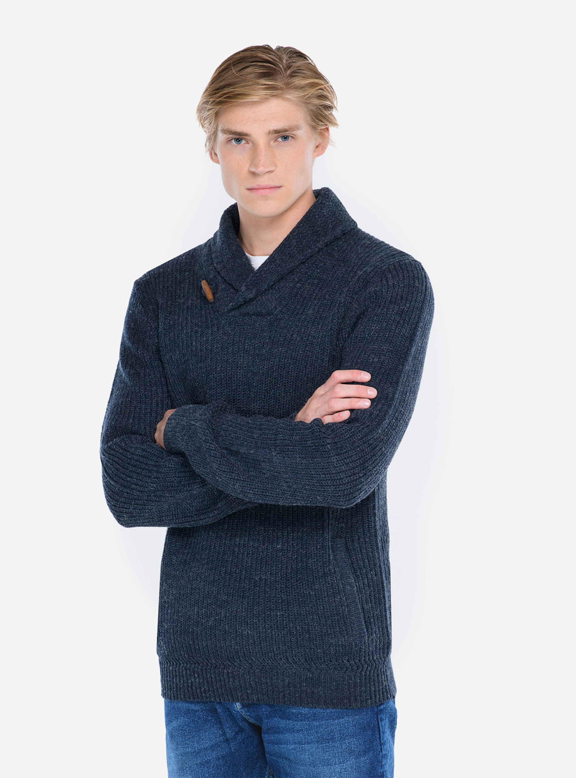 PULLOVER WITH SHAWL COLLAR, BLUE MELANGE