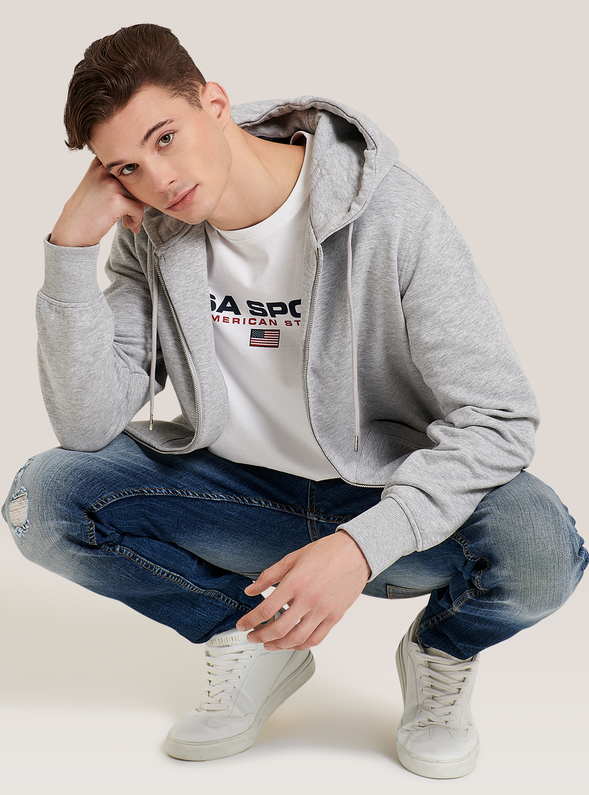 Felpa con zip e cappuccio in cotone, GRIGIO CHIARO MELANGE