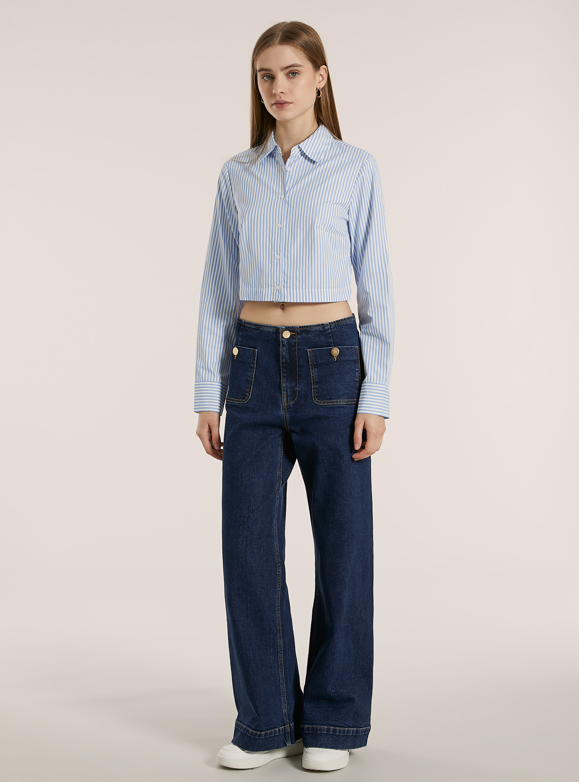 Striped poplin cropped shirt, MULTICOLOR