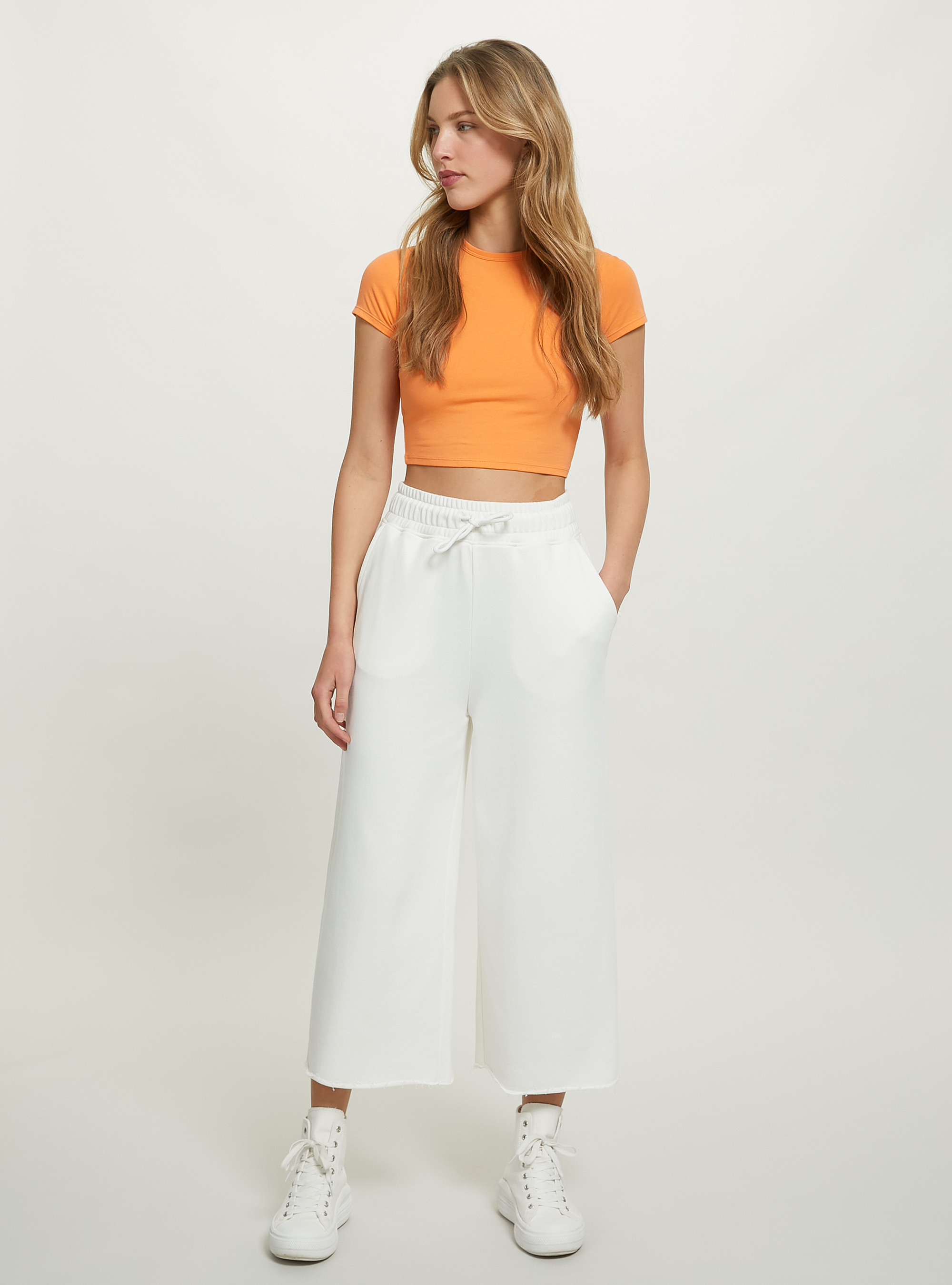 Cropped fleece leggings with elasticated waistband, WH1 OFF WHITE