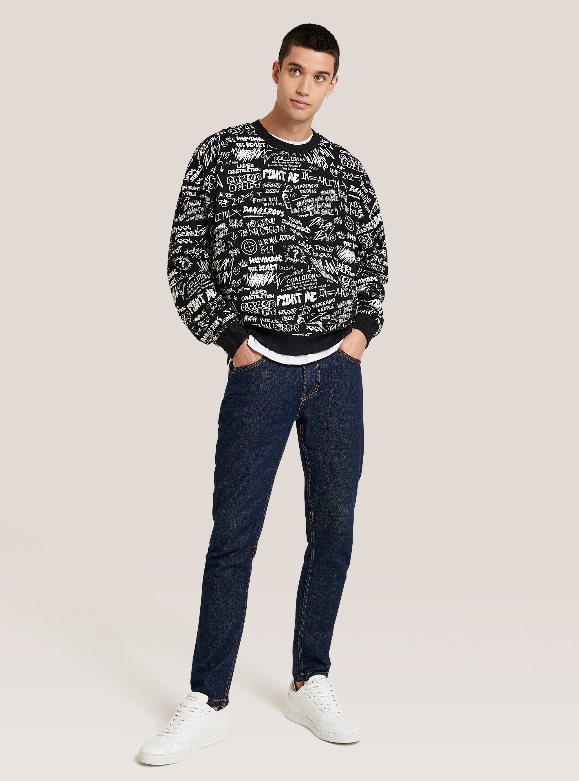 Felpa girocollo all over printed, ROCKSTAR