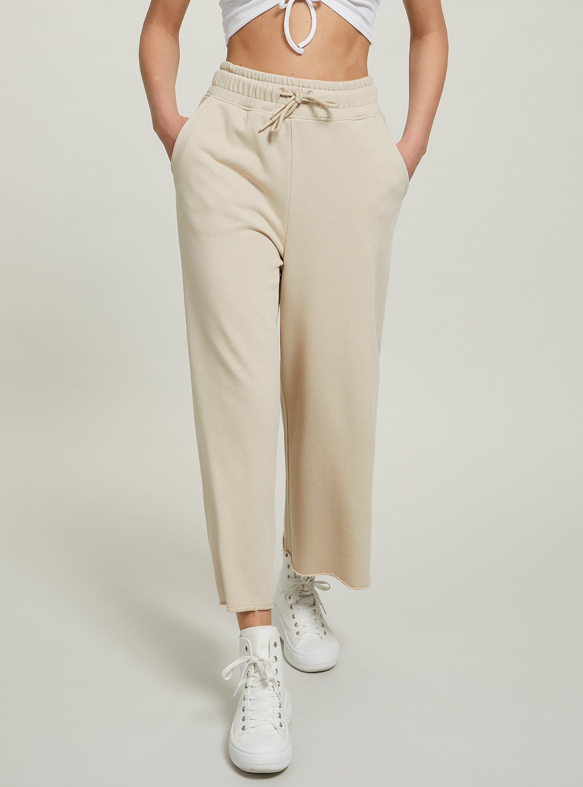 Cropped fleece leggings with elasticated waistband, BG3 BEIGE LIGHT