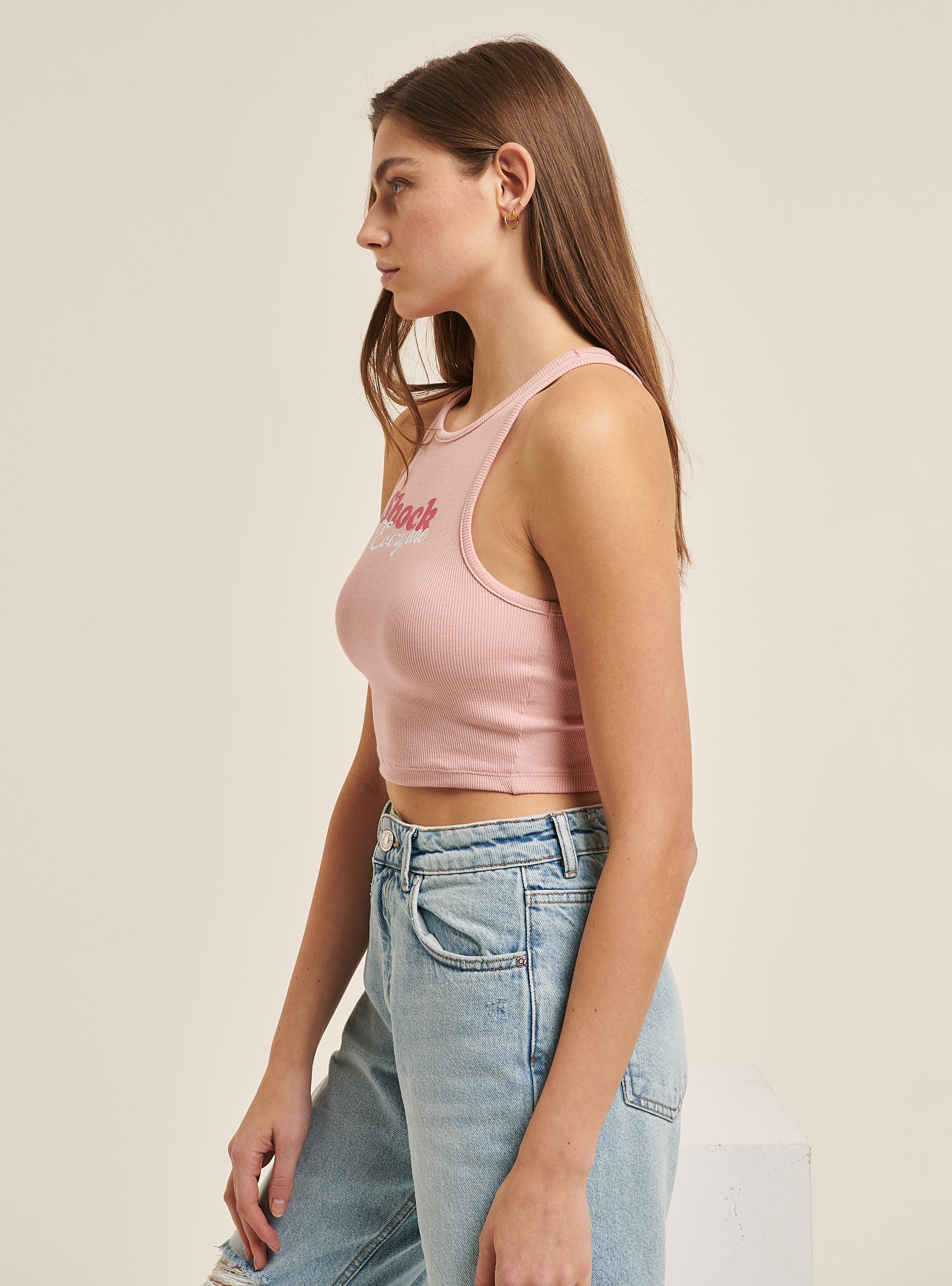 Cotton crop top with lettering print, PINK