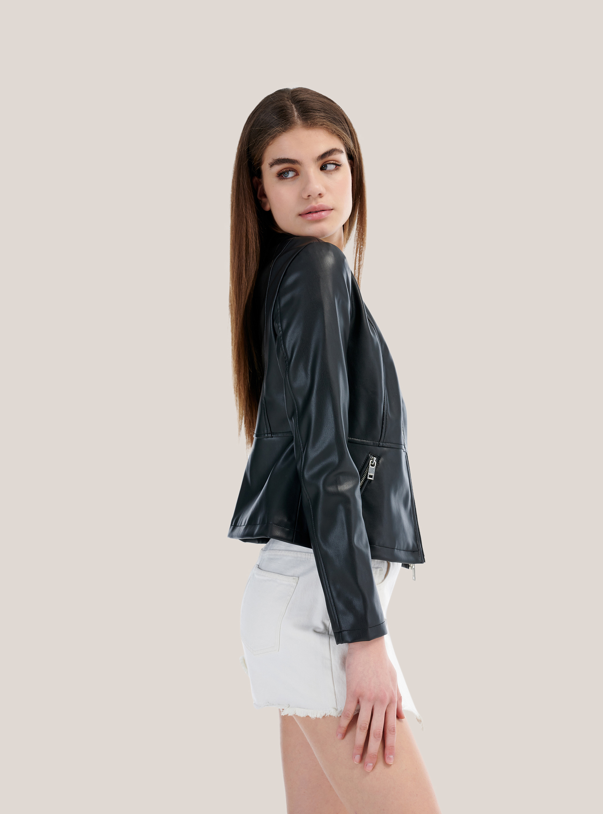 Leather effect slim fit jacket, BLACK