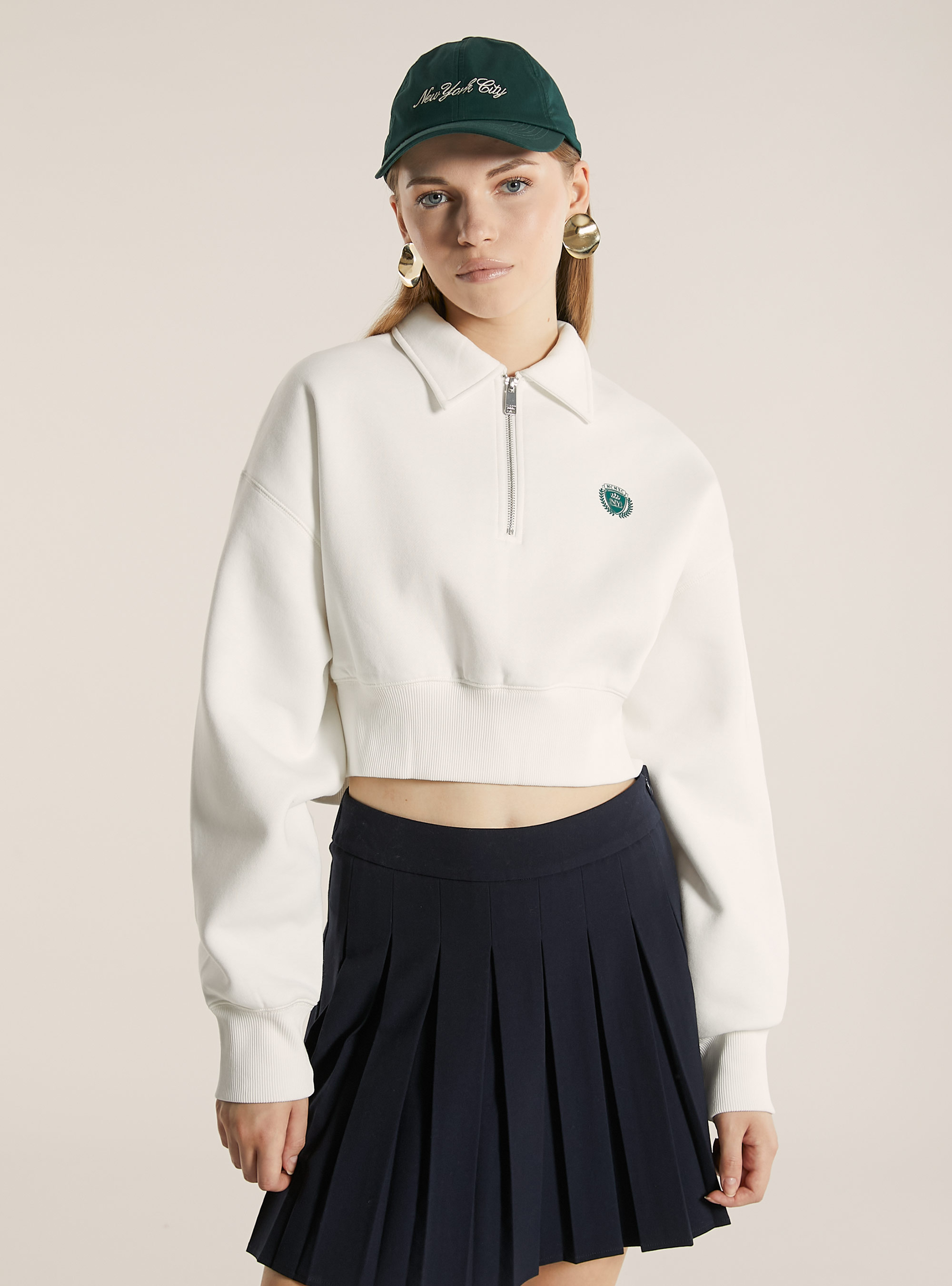 Cropped sweatshirt with polo neck and zip, WH2 WHITE