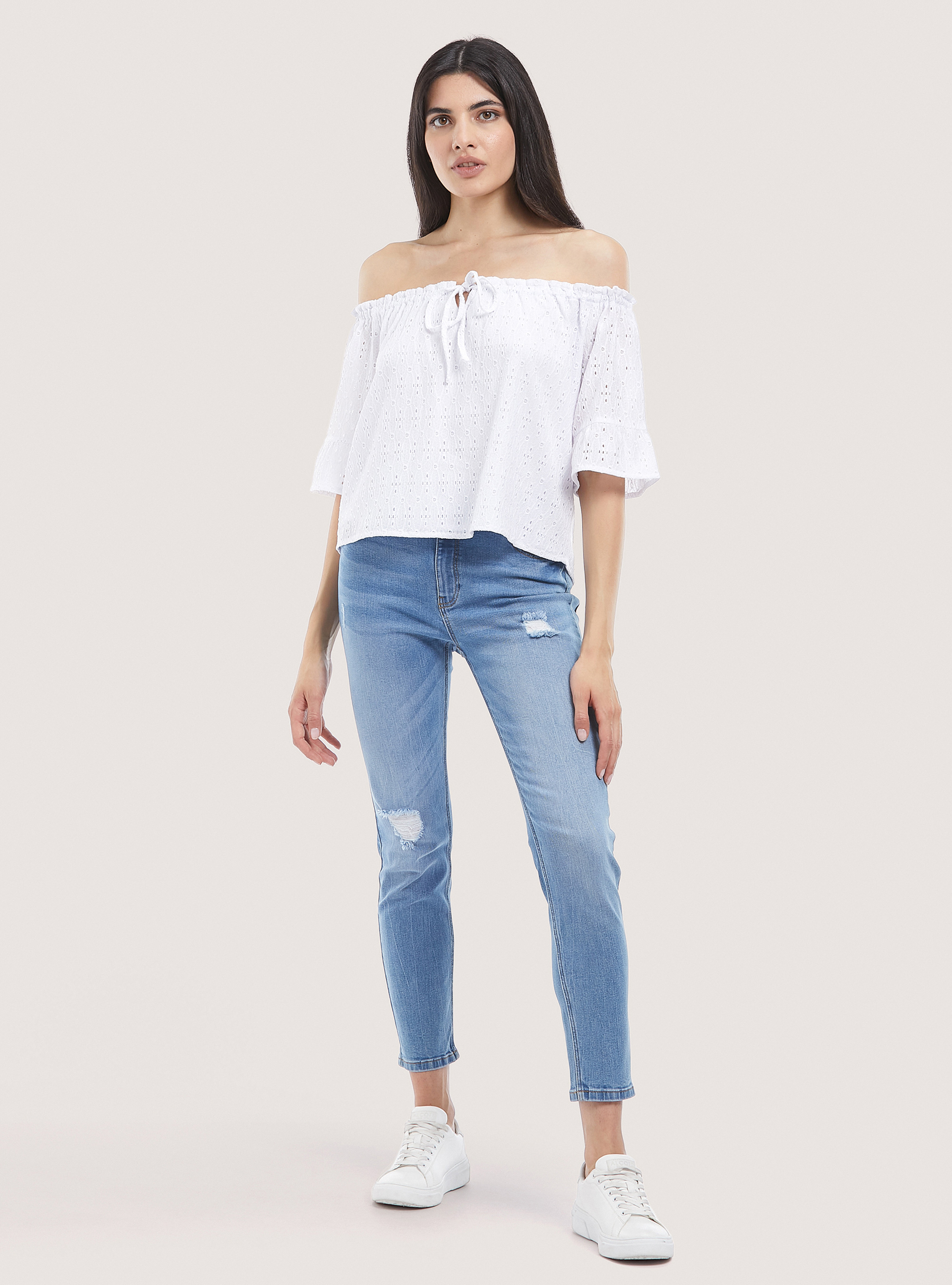 Blusa in pizzo san gallo con scollo bardot, BIANCO