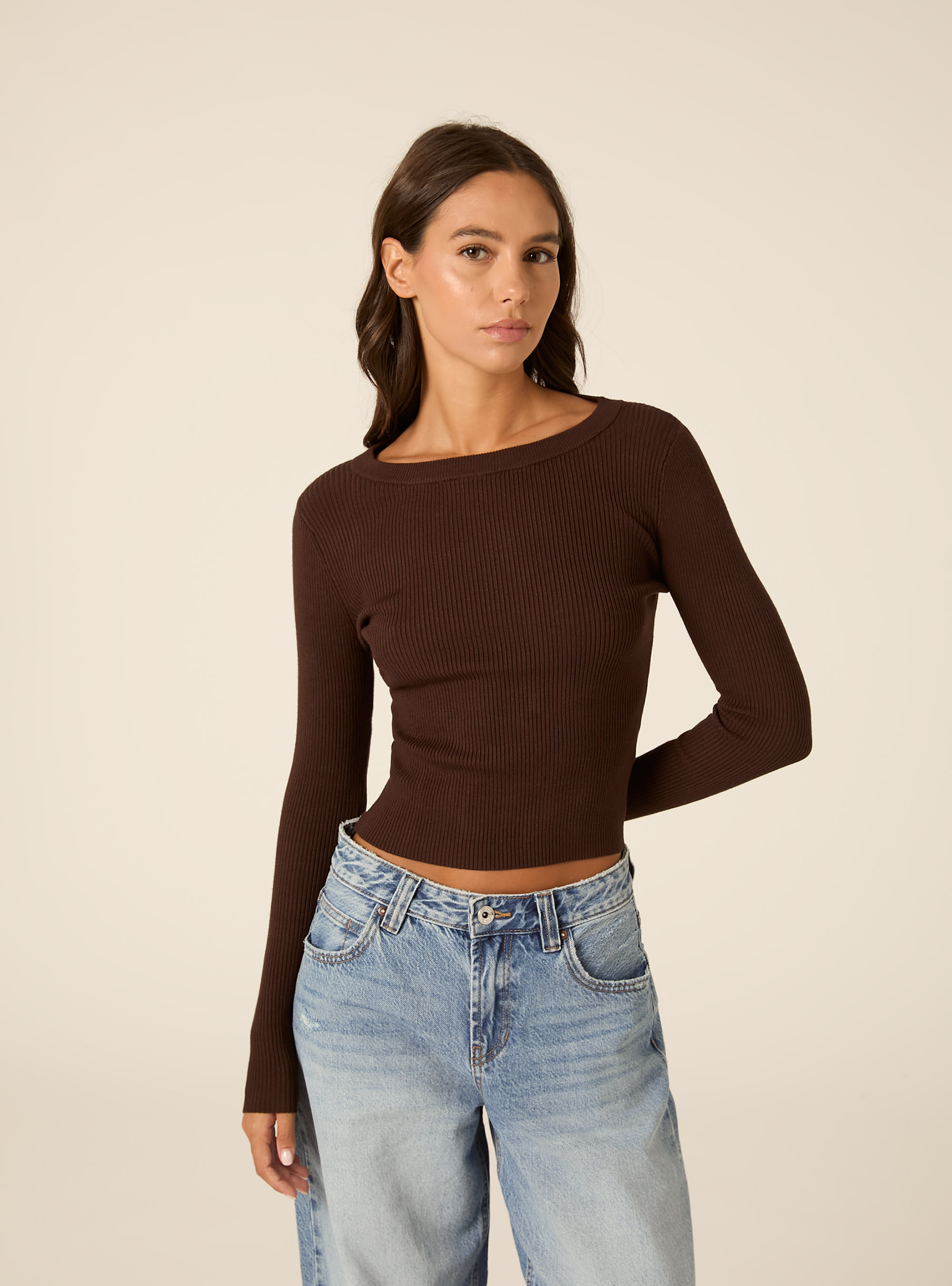 Maglia girocollo a coste, BR1 BROWN DARK