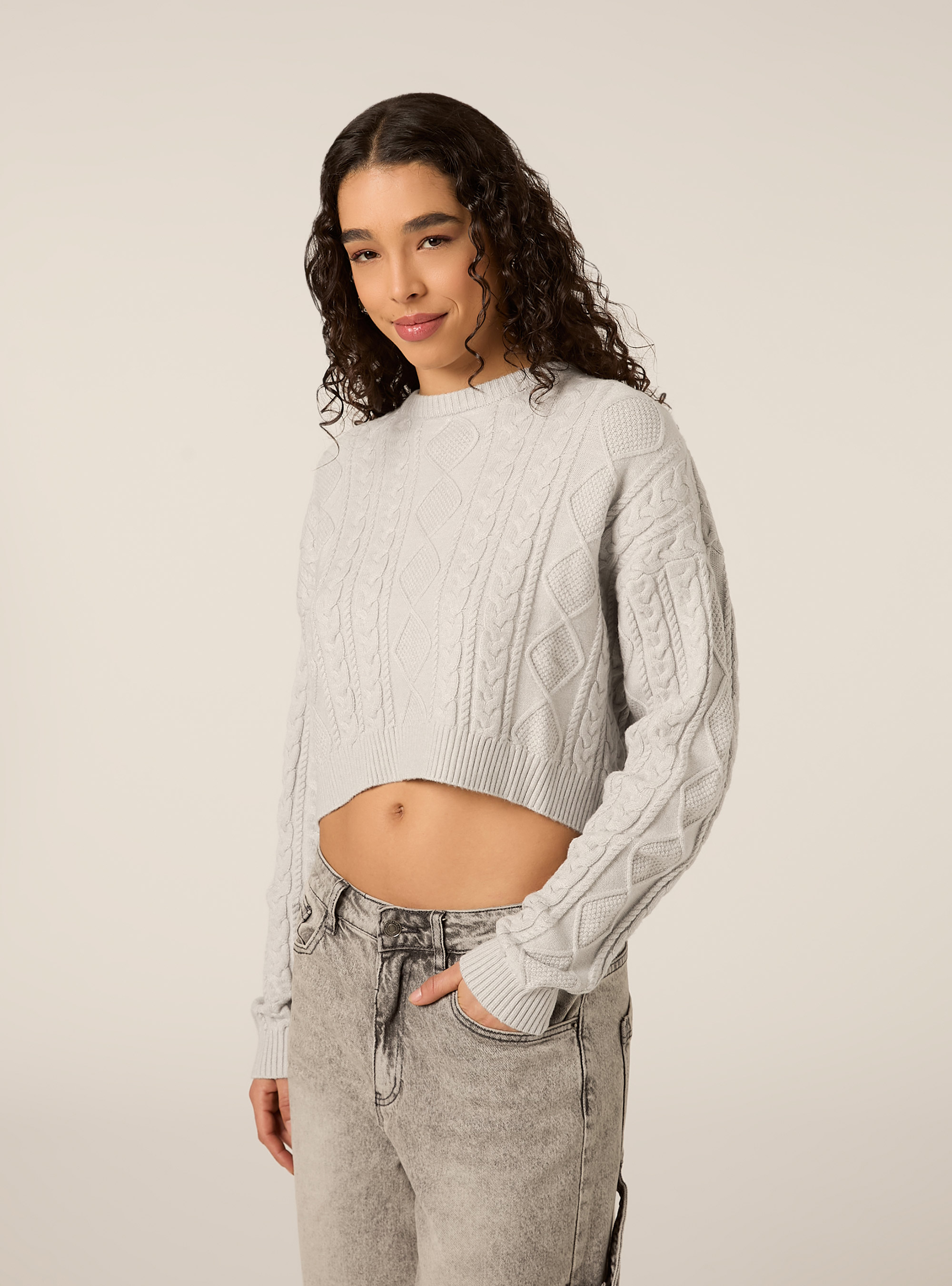 Maglia con collo rotondo a trecce, MGY2 GREY MEL MEDIUM