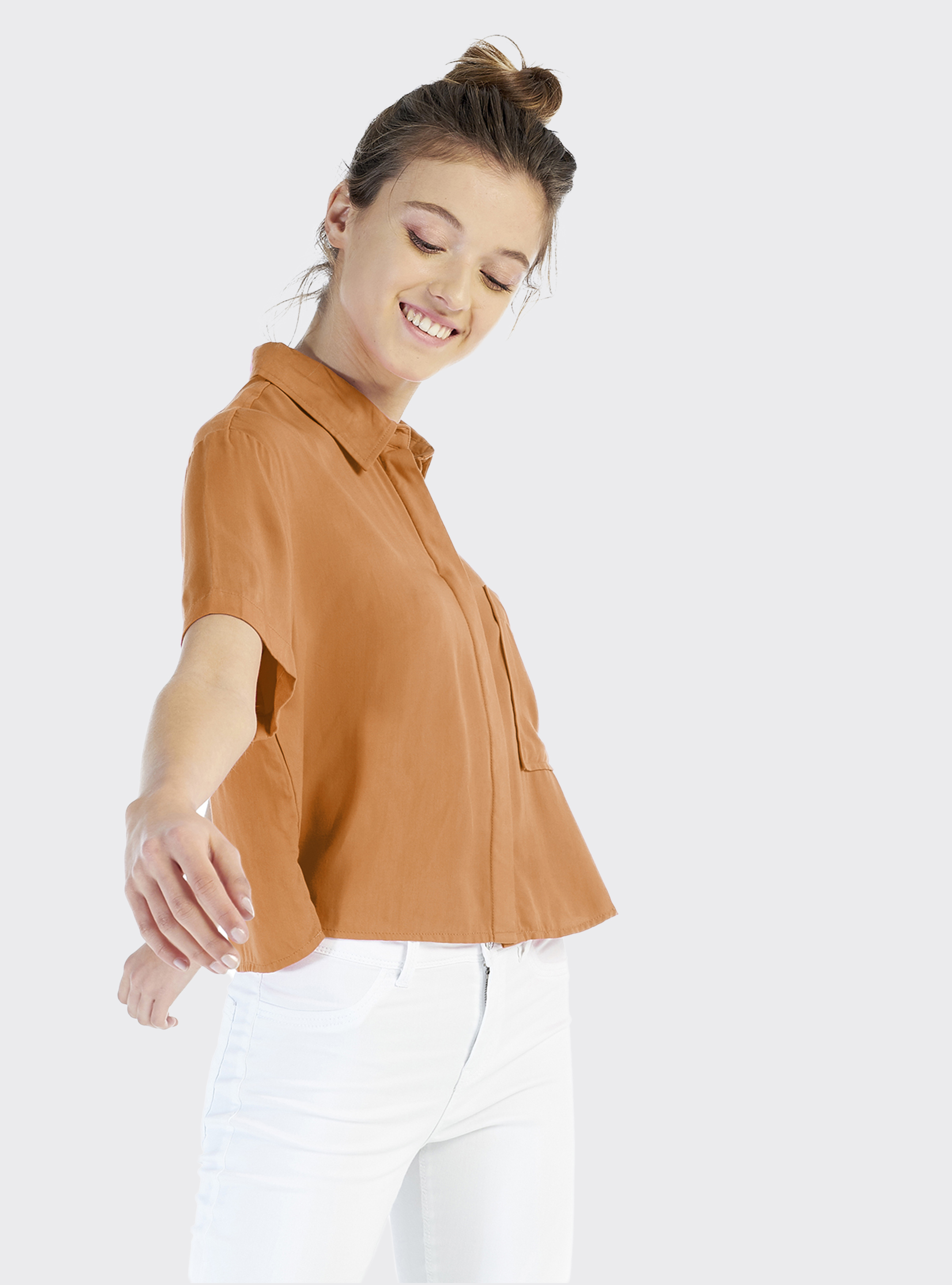 Camicia corta oversize fit, C5527 CAMEL