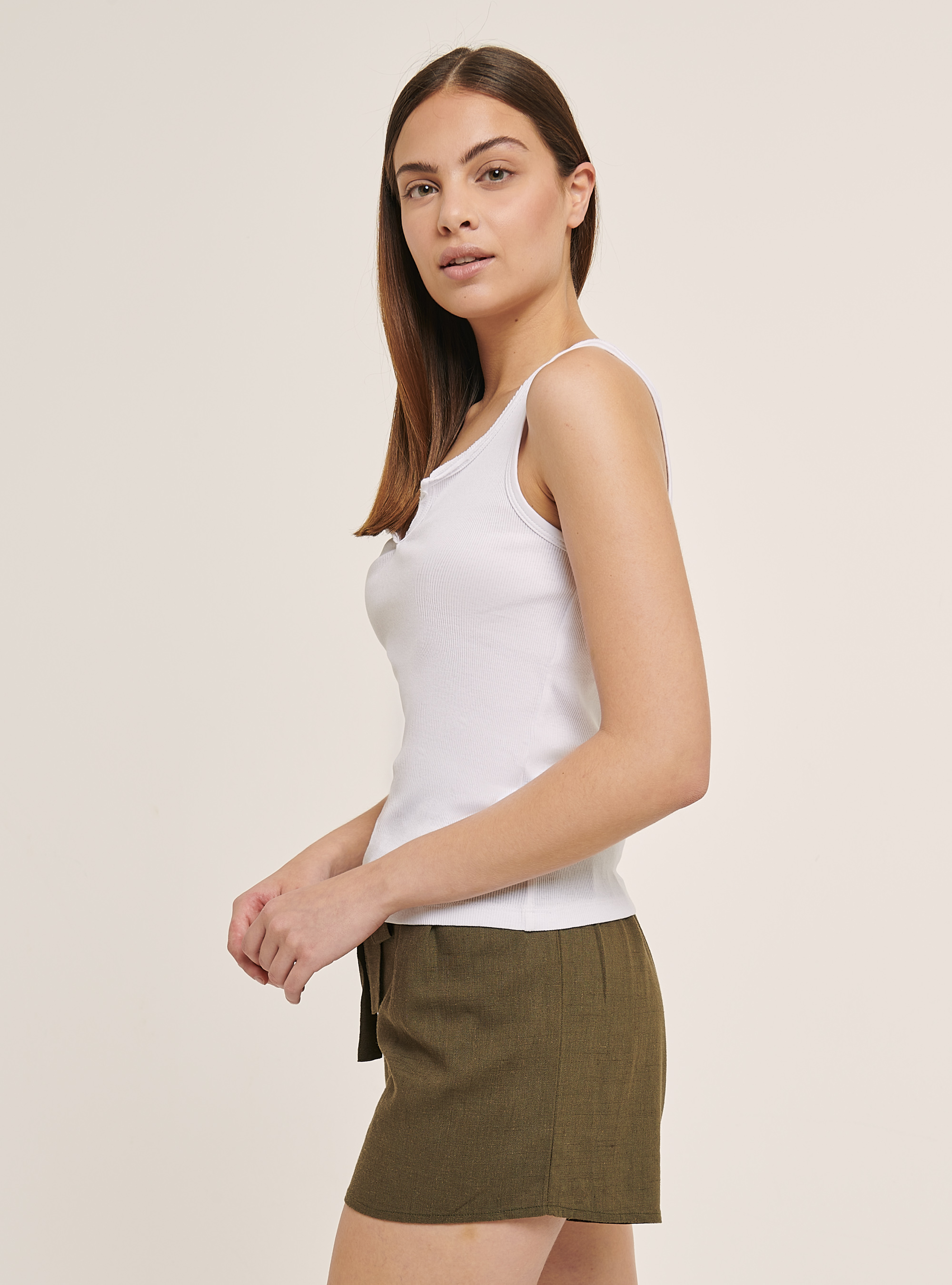 Ribbed cotton tank top with V-neckline, WHITE