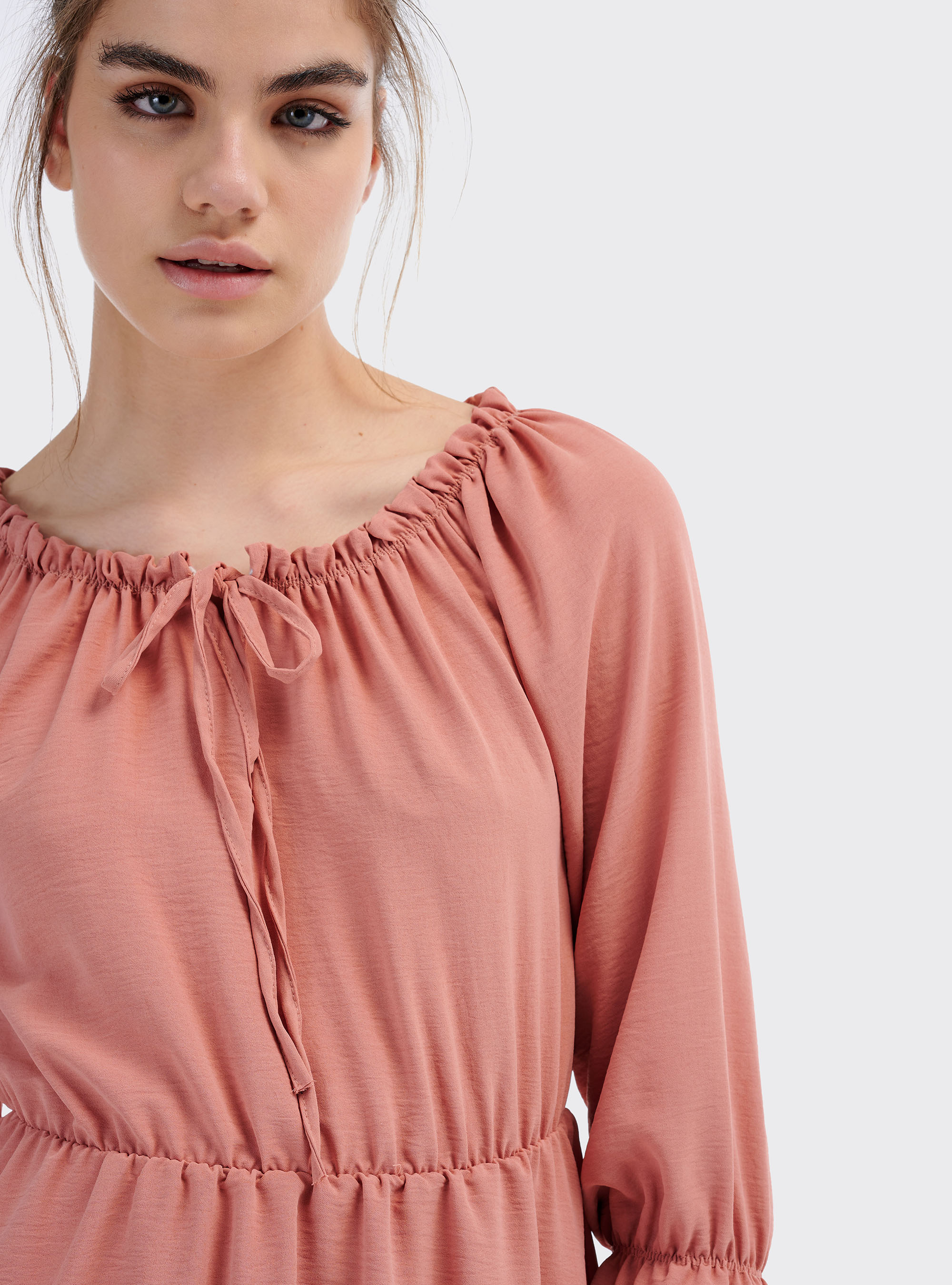 Vestito scollo bardot con elastico in vita, ROSA