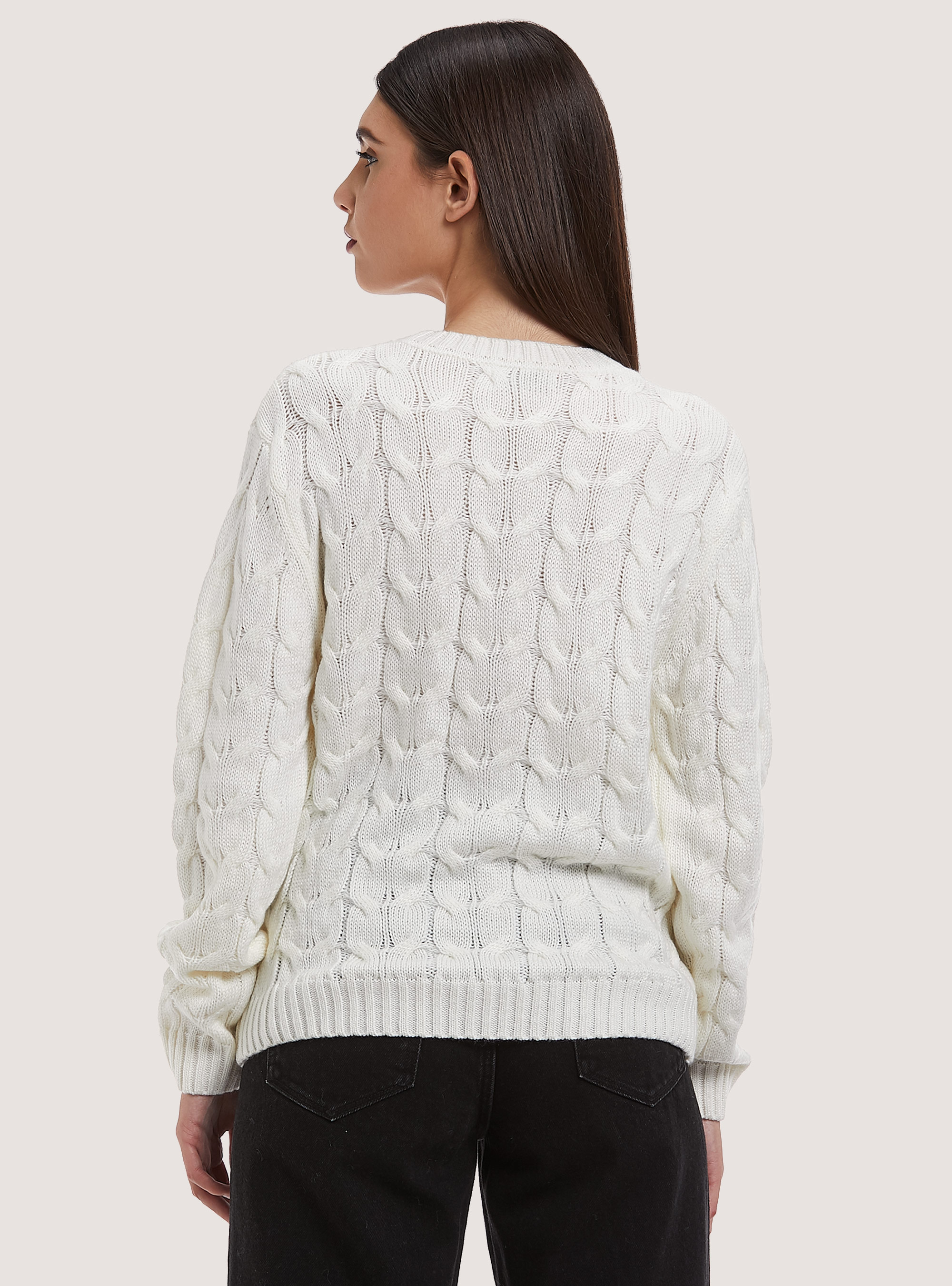 Pullover in misto lana con trecce, WHITE