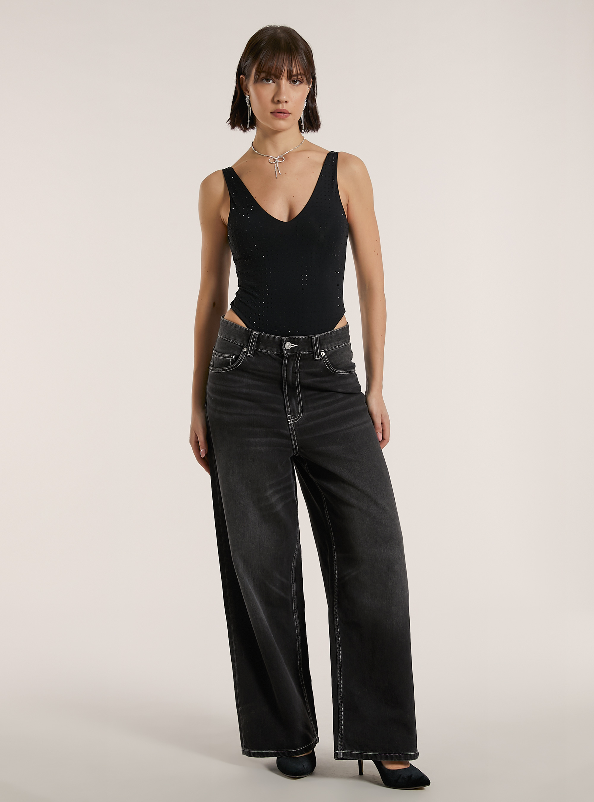 Body in poliammide con strass, BK1 BLACK