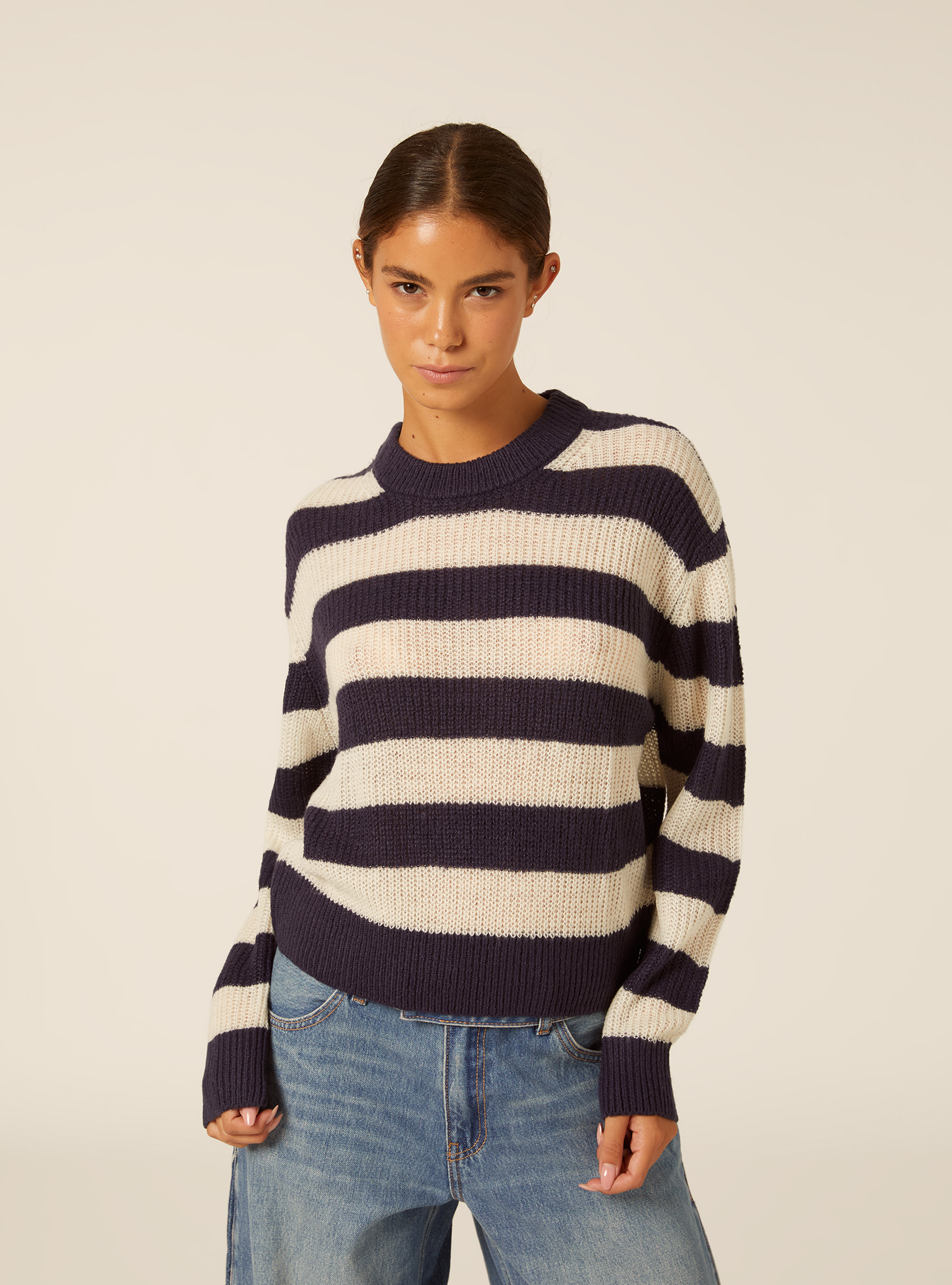 Pullover girocollo a righe, NA2 NAVY MEDIUM