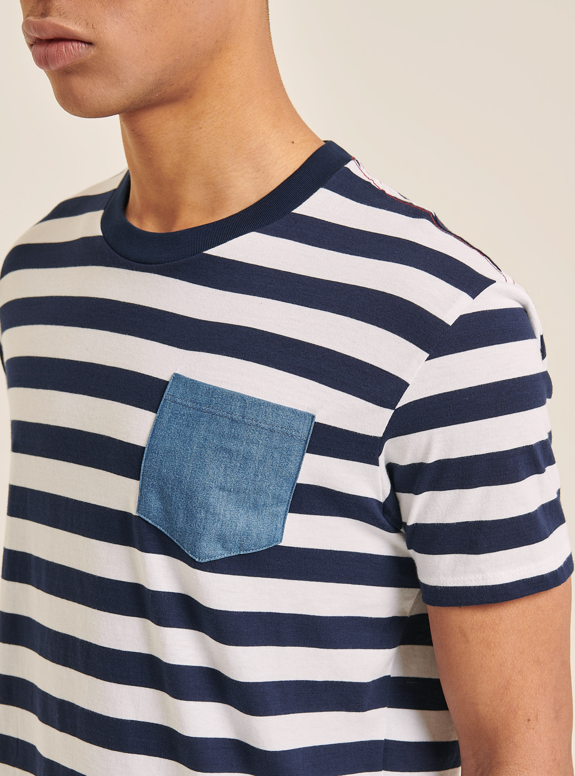 Camiseta de rayas con bolsillo denim, MULTICOLORE