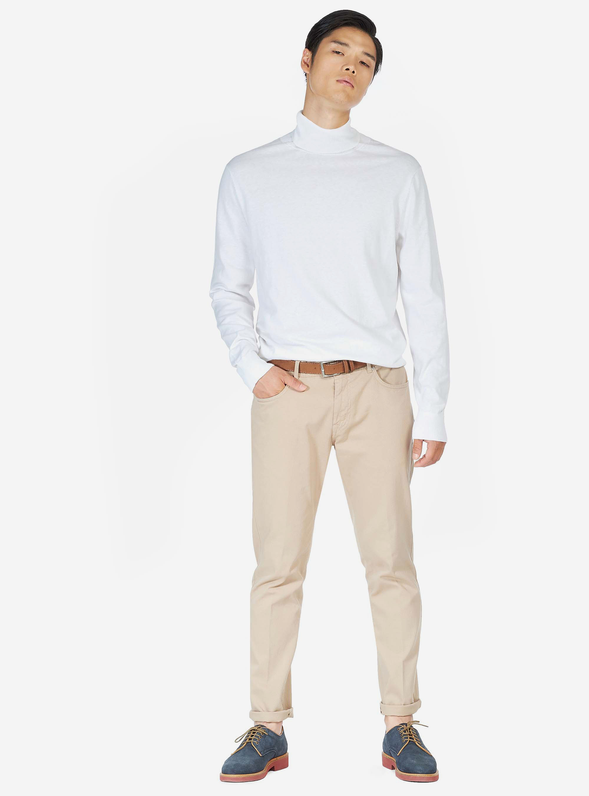 Pull col roulé basique en coton soie et cachemire, C099 WHITE