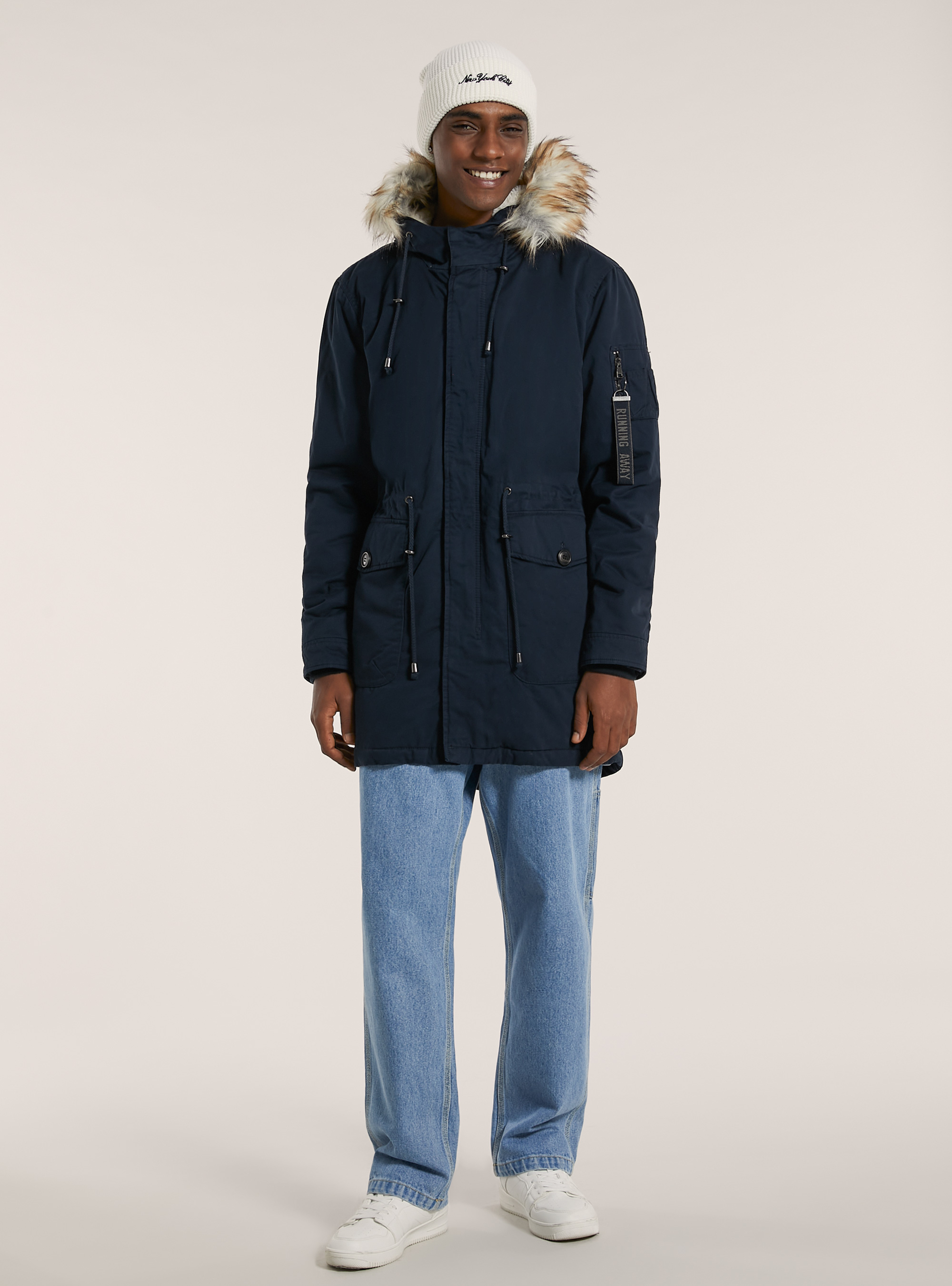 Giubbotto parka con cappuccio e interno agnellato, BLU MARINO